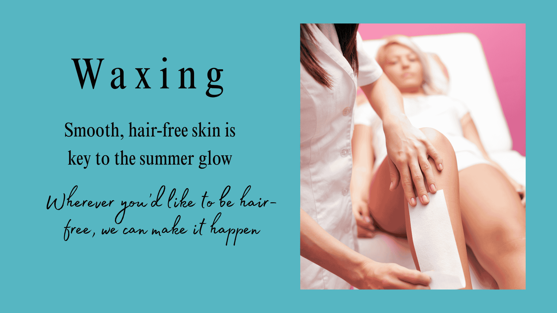Here is an image of a woman getting her legs waxed. bLUXE waxes all parts of your body so you can be hair-free