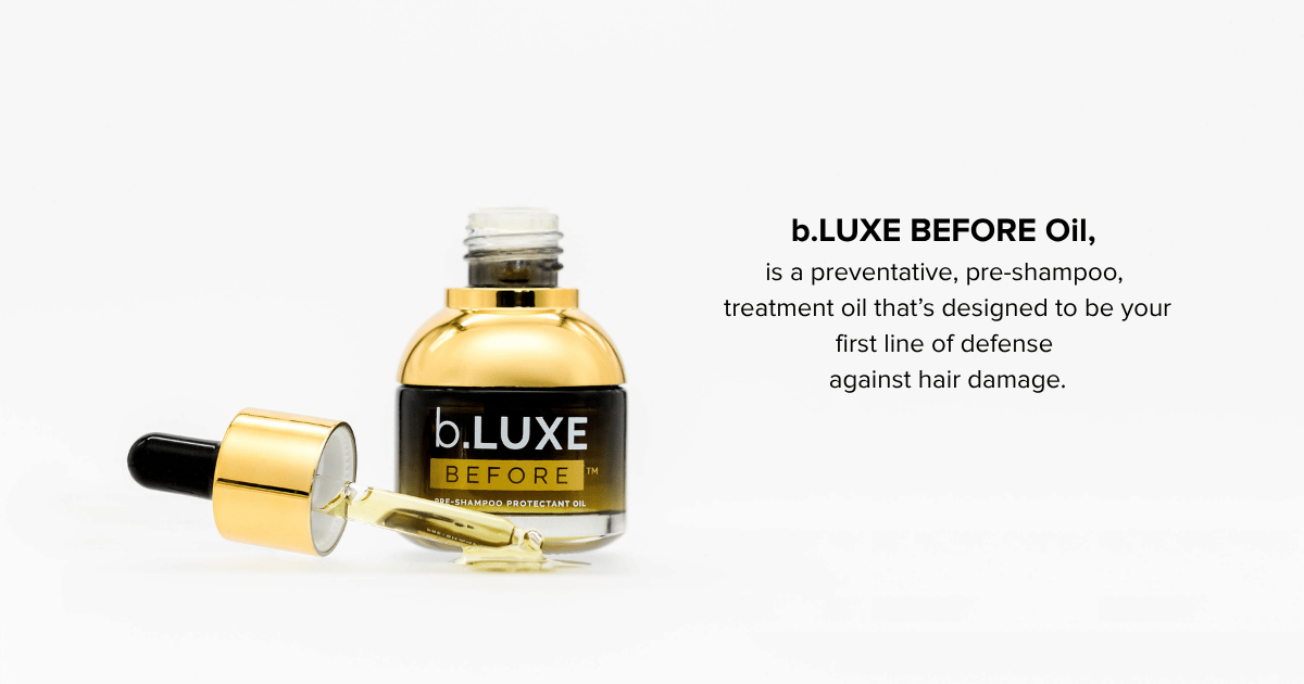 A bottle of b.LUXE BEFORE OIL Pre-Shampoo Treatment Oil with a dropper, designed to prevent hair damage before washing.