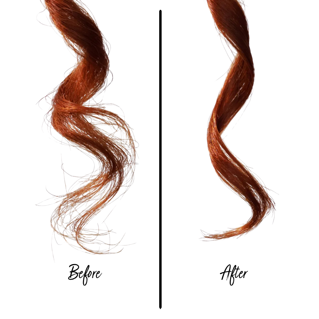 Before and after of a split end treatment with red curly hair. Before is messy and unruly and after is smooth and shiny
