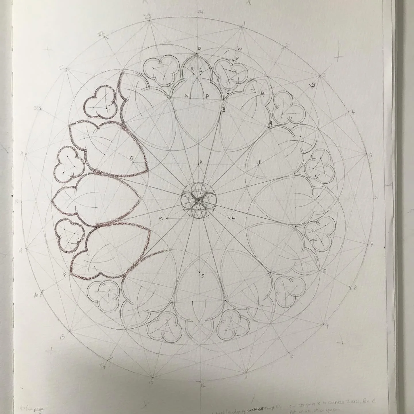 In early July I returned to the studios of @sacredartofgeometry for a course called Glorious Gothic. @lucie_rose_geometry taught us this beautiful rose window from Soissons. This one remains in my sketchbook as a draft construction.