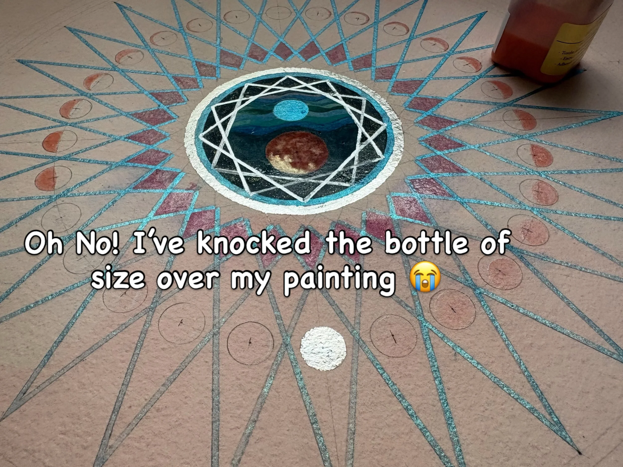 Whilst adding size to gild the moon phases I knocked over the bottle 🤯 Gloopy pink size spread across the painting, and on to the floor as I struggled to contain it and get the paper under a cold tap. I&rsquo;m hoping I&rsquo;ve removed the size fro