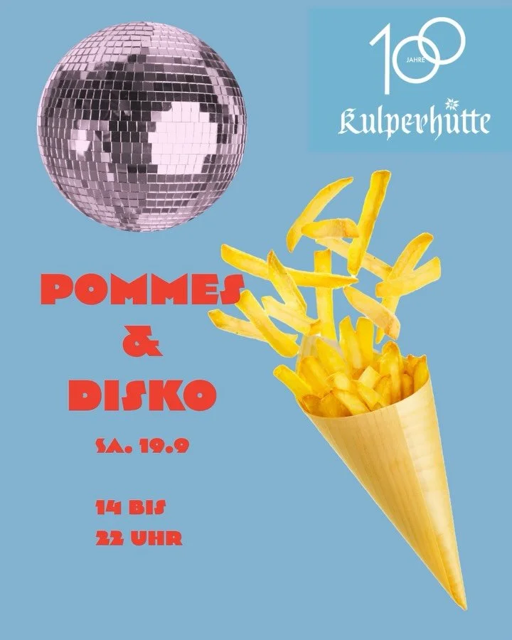 Samstag hei&szlig;t es: Party-Modus an! 🍟🪩

Wir verwandeln unseren Biergarten in eine gro&szlig;e Tanzfl&auml;che und feiern unter dem Motto Pommes &amp; Disko von 14 bis 22 Uhr.

F&uuml;r den passenden, tanzbaren Sound sorgen DJs &amp; DJanes aus 
