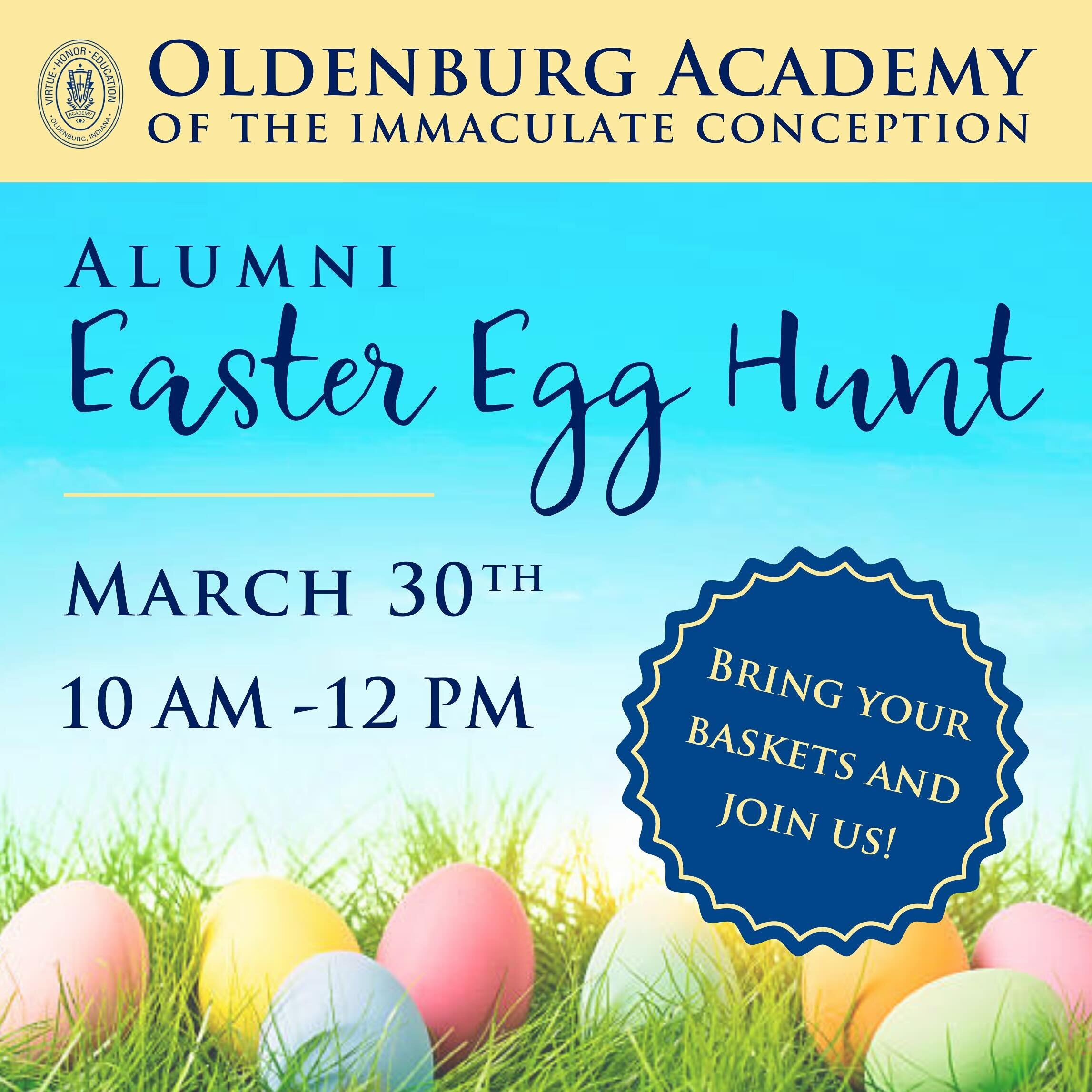 We are only 3 days away! 

Bring your baskets, your family and friends and join us for the OA Alumni Easter Egg Hunt this Saturday&mdash;March 30th!

10:00 AM - 12:00 PM
Arrive at 9:45 AM

Three Age Groups:
0-3 years
4-6 years
7-10 years

Rain or Shi