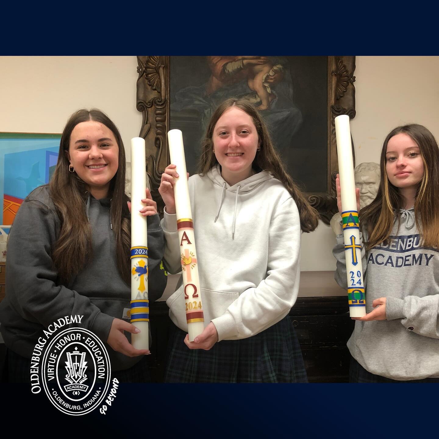 OA Art students decorated 4 Easter candles for All Saints Parishes.

Thank you to Fr. Meyer for allowing us to work on these.

Artists were Seniors Lily Dennis and Emily Lonaker, Juniors Elana Hollingsworth and Cale Johannigman, Sophomore Norah Haver