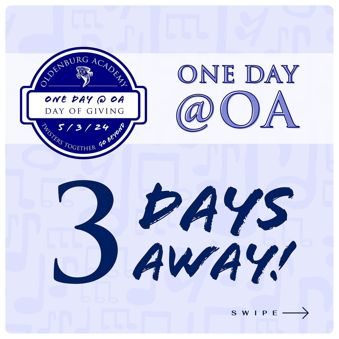 We are only 3 days away from One Day @ OA!

You won&rsquo;t want to miss out on the festivities planned for May 3rd! Our goal is to get as many Twisters as possible to participate and come together! 

There are many ways to participate! 

&bull; Come