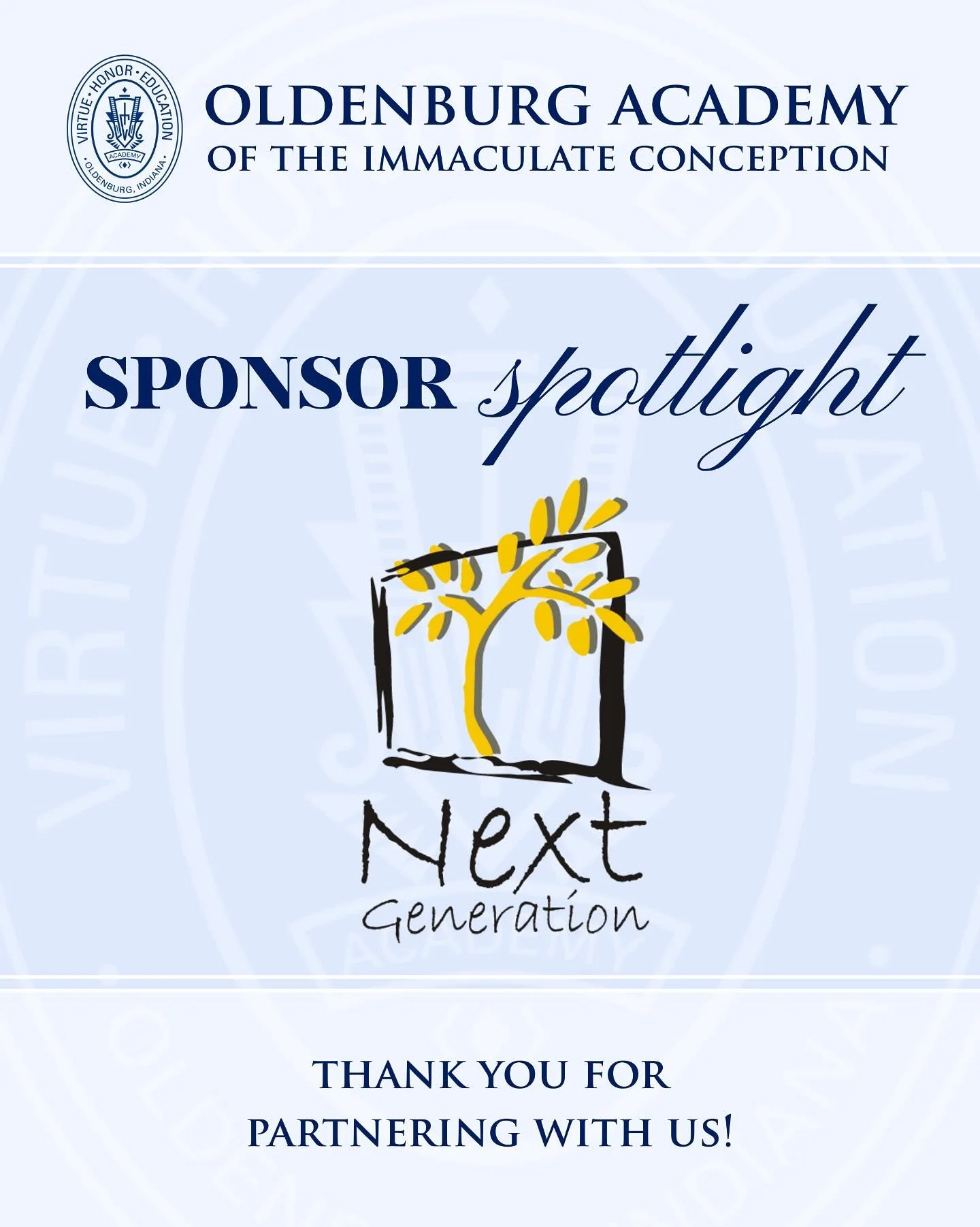 ✨ Sponsor Spotlight ✨ 

Thank you to Next Generation for supporting Oldenburg Academy as one of our 2025-2026 Business Sponsors!&nbsp;

Your contributions make a meaningful difference in the lives of our students and help us build a stronger school c