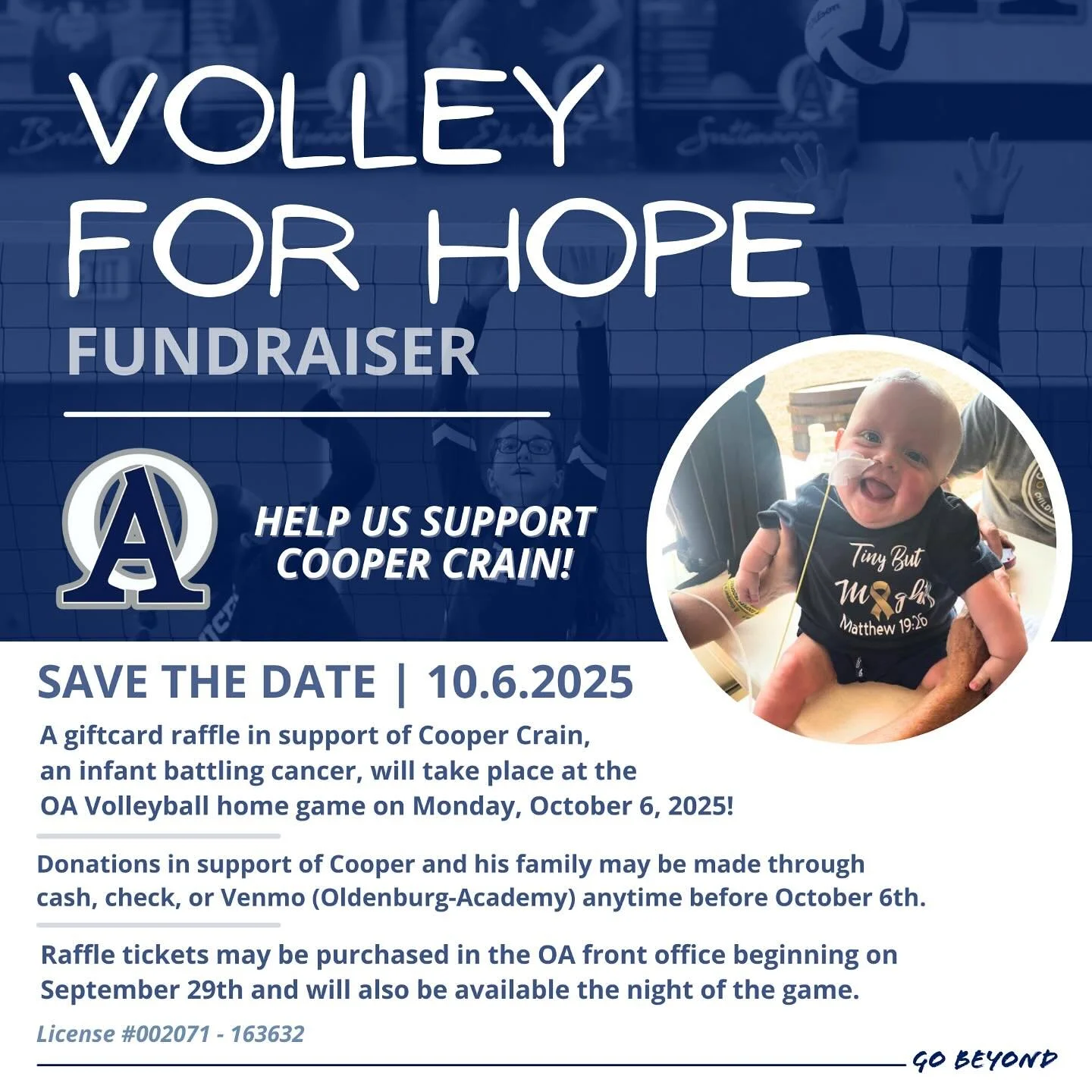 A giftcard raffle in support of Cooper Crain, an infant battling cancer, will take place at the OA Volleyball home game on Monday, October 6, 2025!

Donations in support of Cooper and his family may be made through cash, check, or Venmo (Oldenburg-Ac