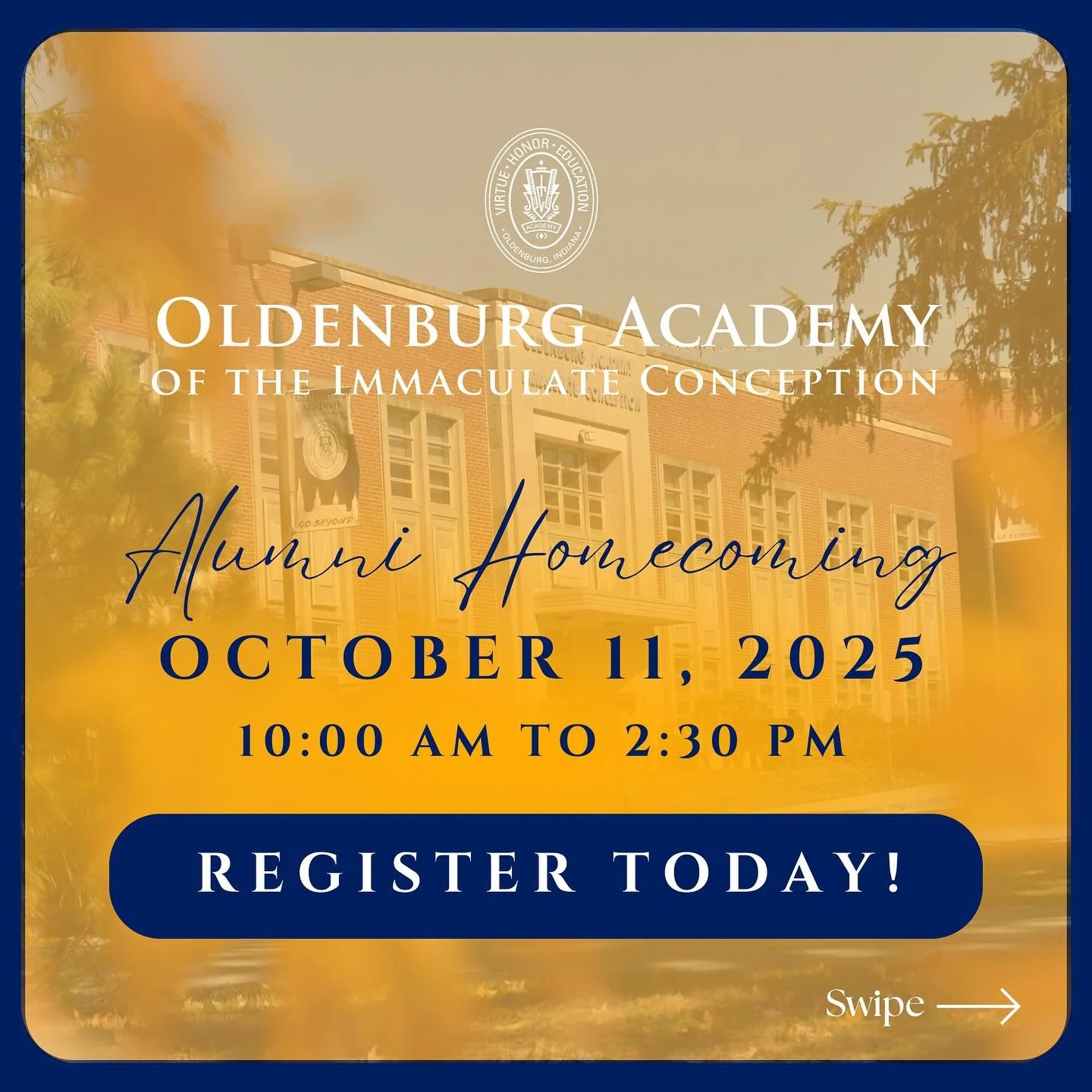 The OA/ICA Alumni Homecoming is almost here! 💙
 Join us on October 11 for our annual celebration of OA/ICA pride, memories, and community at Oldenburg Academy! 

Reconnect with classmates, enjoy great food, and relive your OA days!

Register today! 