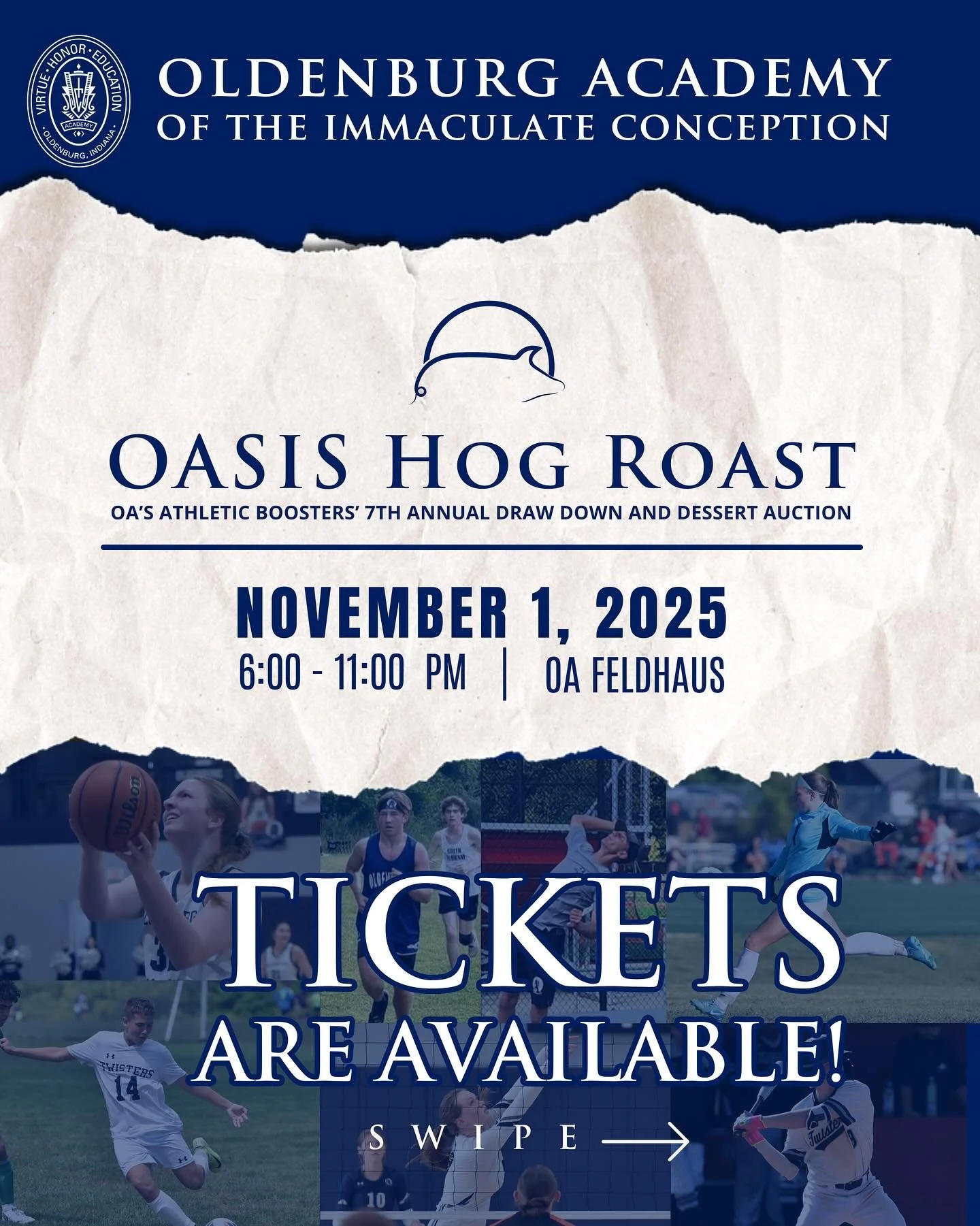 Tickets for the 2025 OASIS Hog Roast are available for purchase!

Winner need not be present to win.

MUST BE 18 YEARS OR OLDER TO PURCHASE

Grand Prize - $5,000
Runner- Up - $500
3rd Place - $300
$100 prizes for an additional 5 numbers drawn

To pur