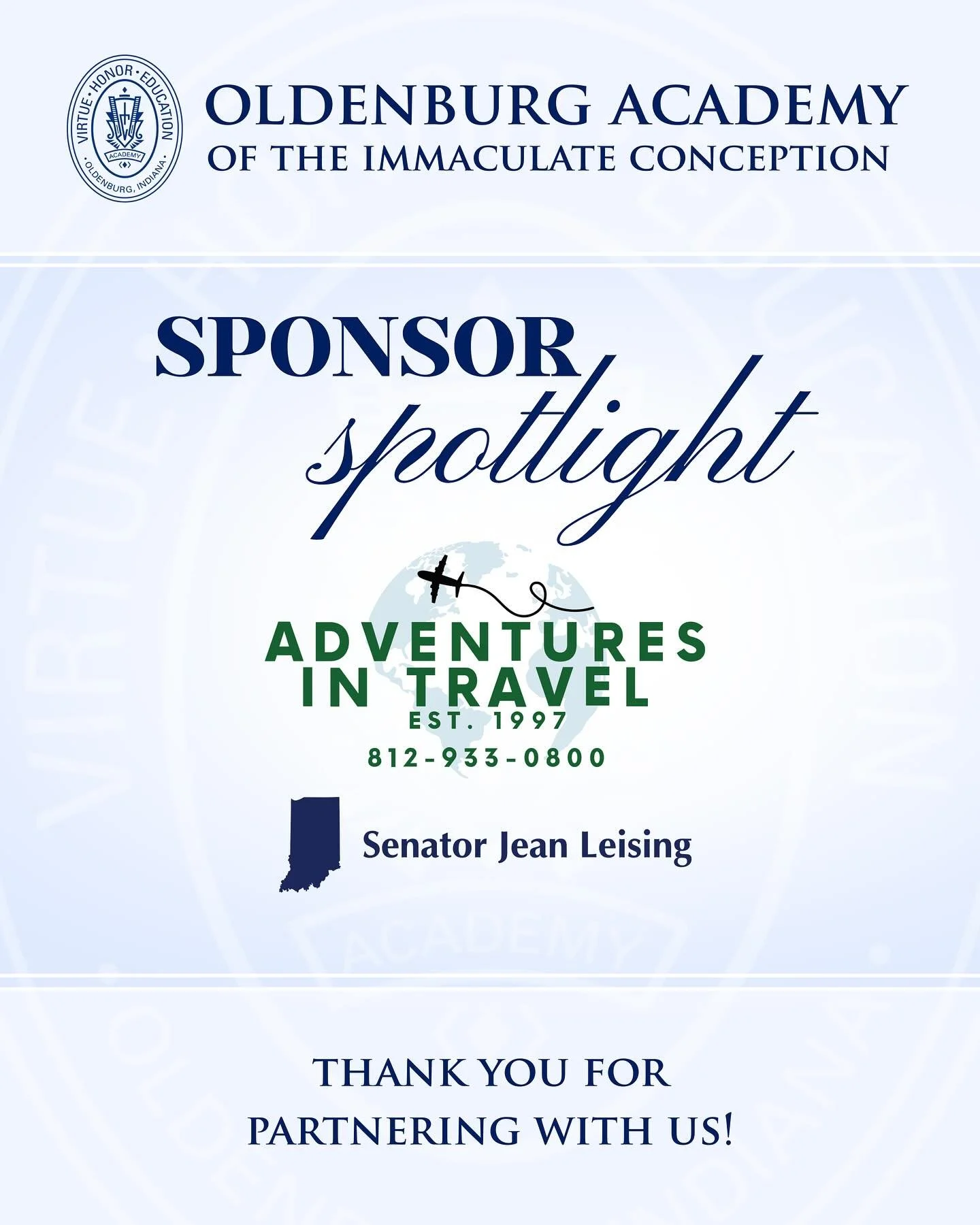 ✨ Sponsor Spotlight ✨ 

Thank you to Adventures In Travel &amp; Senator Jean Leising for supporting Oldenburg Academy as one of our 2025-2026 Business Sponsors!&nbsp;

Your contributions make a meaningful difference in the lives of our students and h