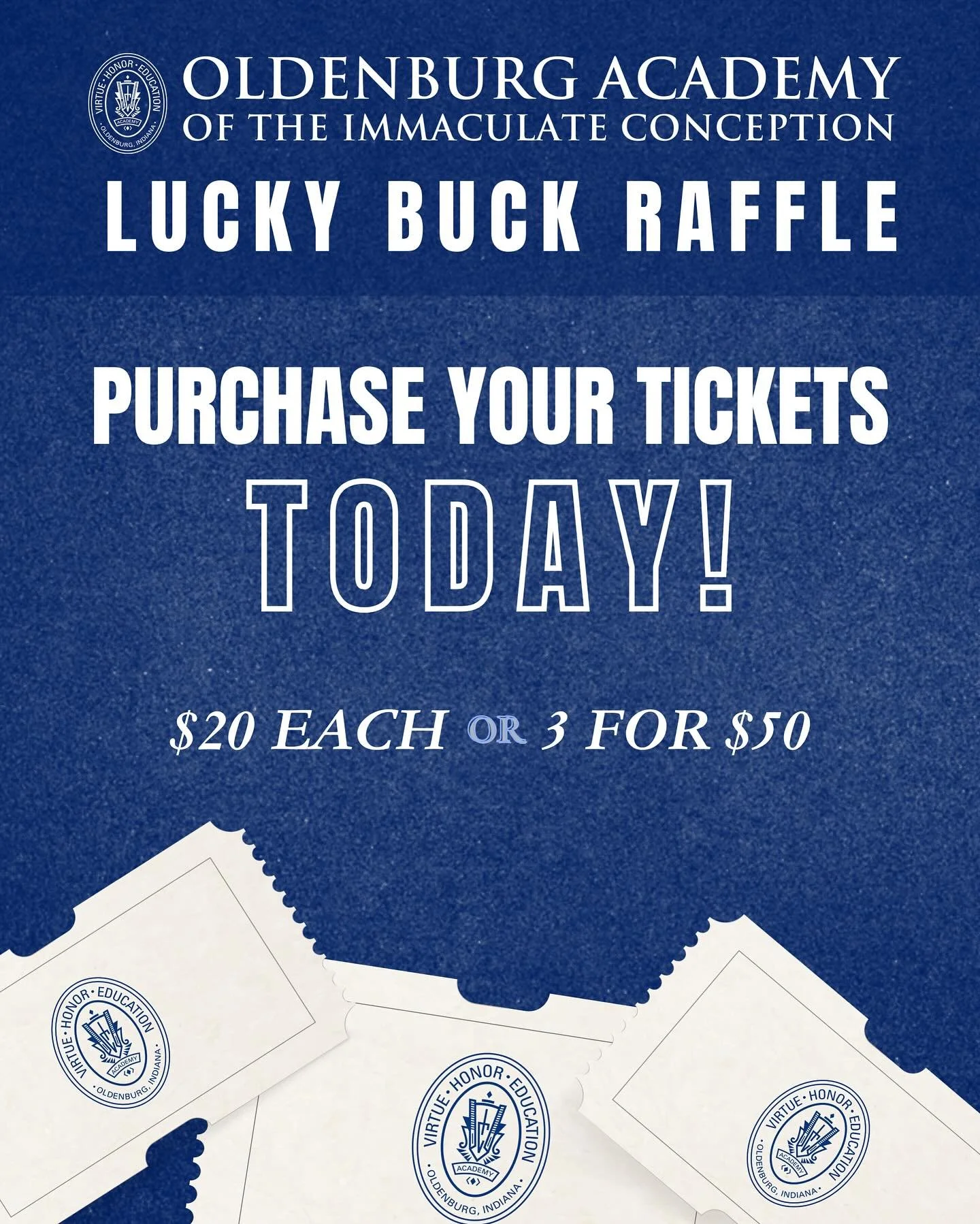 Purchase your Lucky Buck tickets today!

There are still so many chances to win!!

🎟️ Tickets:
👉 $20 each
👉 3 for $50

Each winning ticket goes back into the hopper for more chances to win! 🙌

📞 To purchase, contact:
OA Advancement Office | 812.