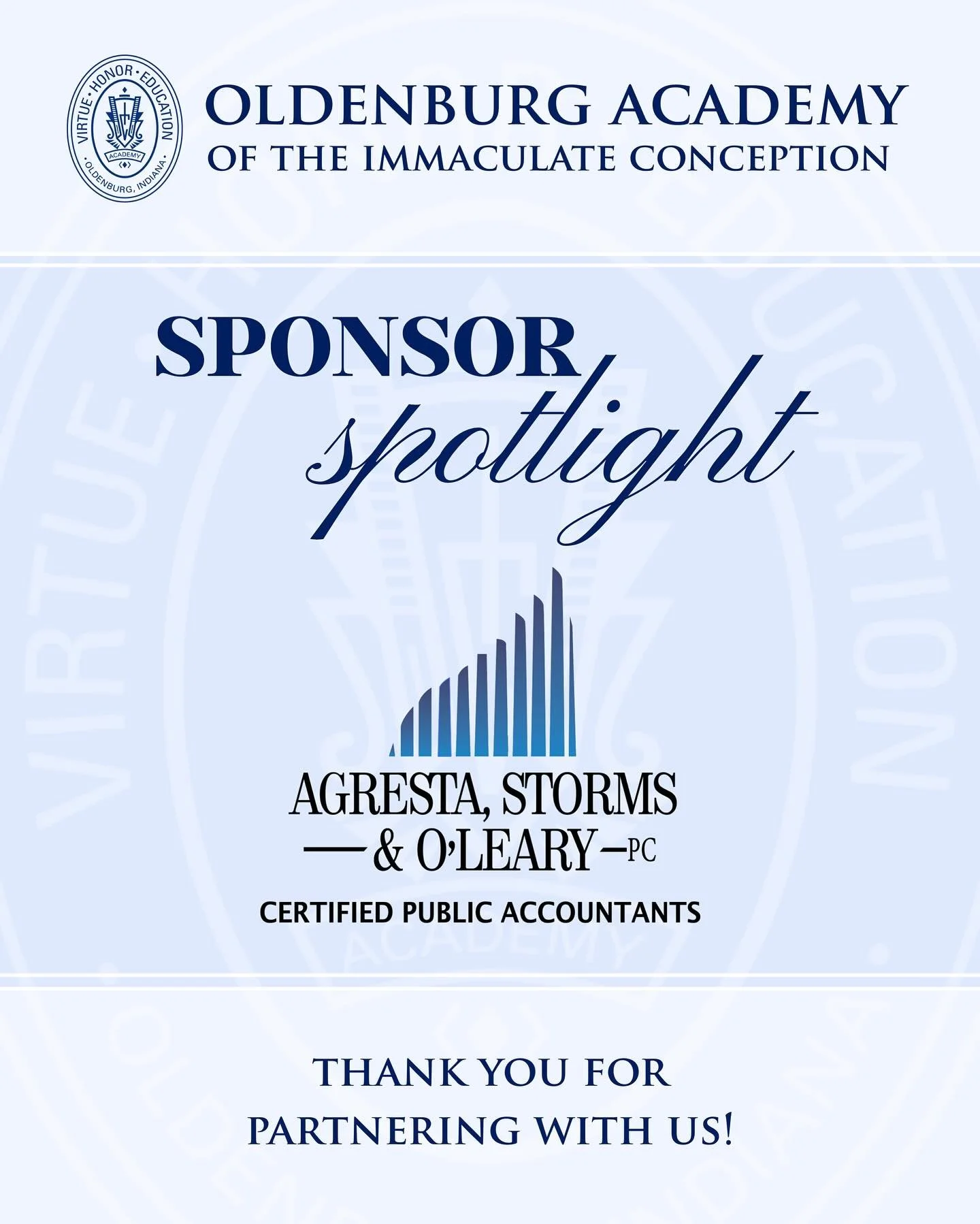 ✨ Sponsor Spotlight ✨ 

Thank you to Agresta, Storms, &amp; O&rsquo;Leary for supporting Oldenburg Academy as one of our 2025-2026 Business Sponsors!&nbsp;

Your contributions make a meaningful difference in the lives of our students and help us buil