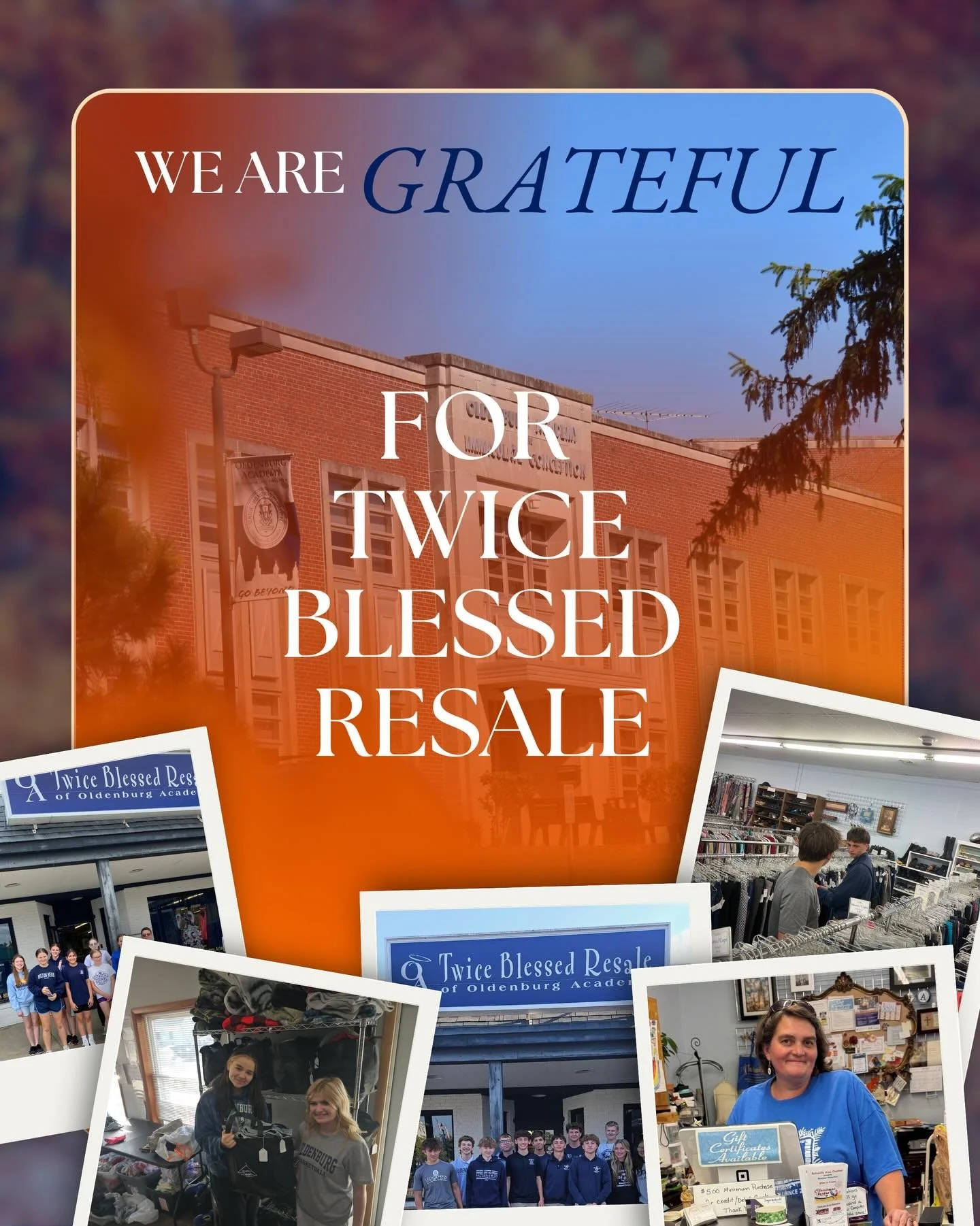 We are grateful for&hellip;

Twice Blessed Resale and the incredible work of Tonya Hudepohl &rsquo;94. 

Tonya pours her time, talent, and heart into running the shop, and her dedication directly supports Oldenburg Academy and our students. We are so