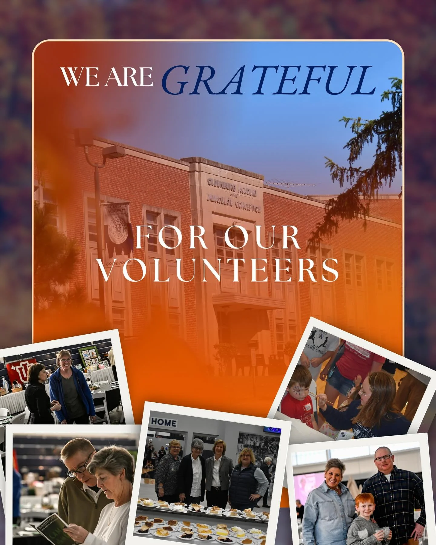 We are grateful for our incredible Oldenburg Academy volunteers!

To the parents, friends, students, faculty, and staff who give their time, talent, and energy&mdash;you are the heartbeat of our Twister family. 

Whether you&rsquo;re helping at event