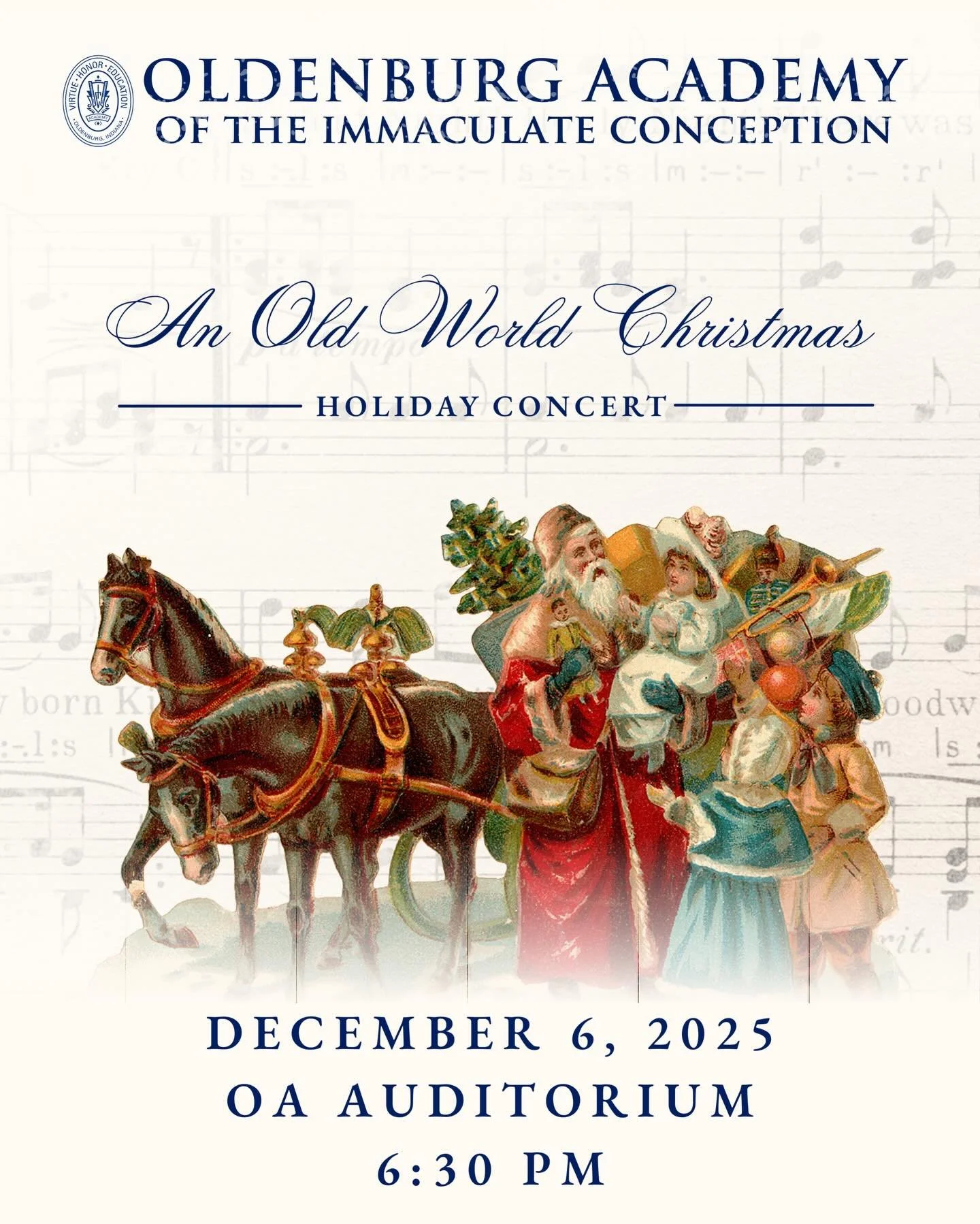 Experience An Old World Christmas at Oldenburg Academy this Saturday evening! 

Celebrate the beauty of the season with a concert filled with cherished carols and traditional melodies from Christmases past. Join us as we capture the spirit, warmth, a