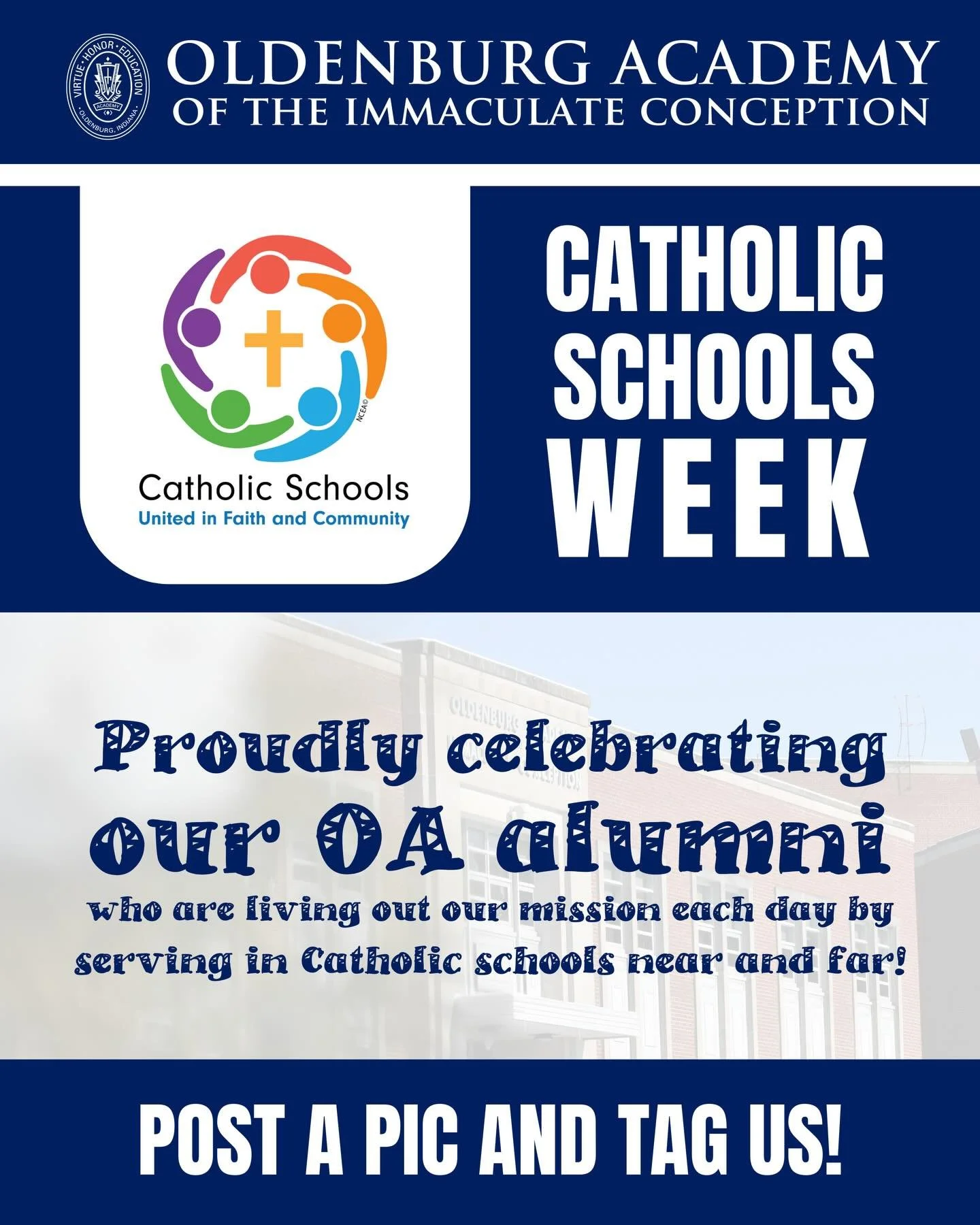 Happy Catholic Schools Week!

During Catholic Schools Week, we proudly celebrate our Oldenburg Academy alumni who are living out our mission each day by serving in Catholic schools near and far.

Whether you are teaching in the classroom, leading as 