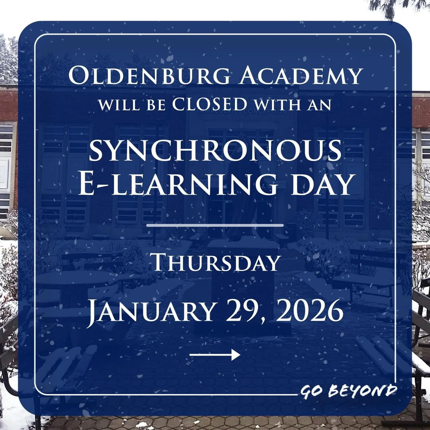 Due to continued poor weather conditions, Oldenburg Academy will be closed Thursday, January 29th. 

This will be a synchronous E-Learning day. Students need to check Canvas prior to 9am to determine their teachers&rsquo; expectations for their class