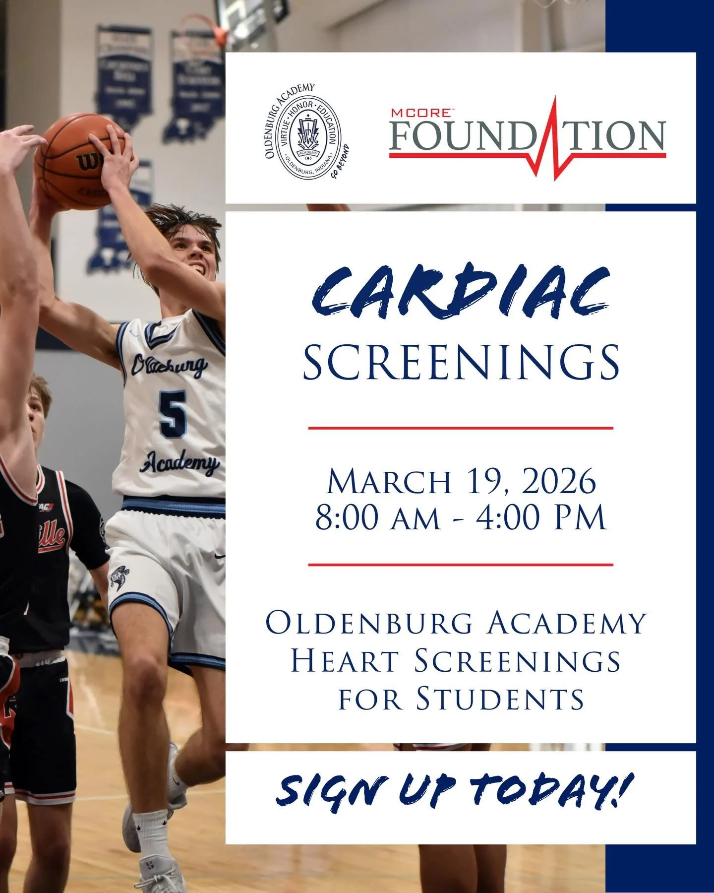 Oldenburg Academy is partnering with MCORE Foundation to offer preventative cardiac screenings for our students on March 19 from 8am-4pm. Sign up for a spot today at https://www.mcorefoundation.org/scheduler_schedule/event/128790/?20260305194502 (lin