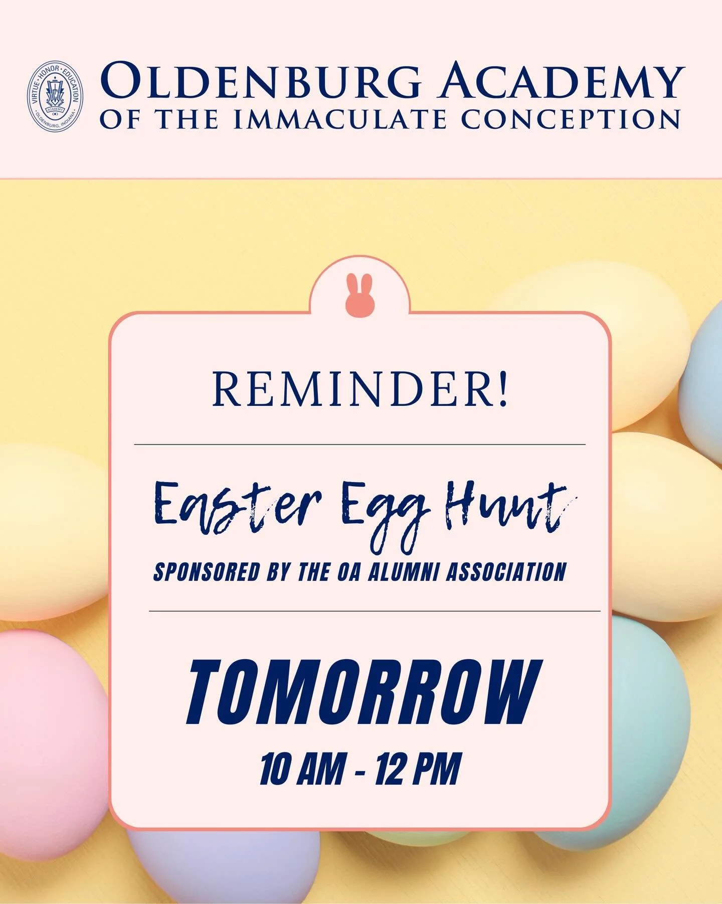 TOMORROW! 🌷🐰

April 4, 2026
10am -12pm (arrive by 9:45 AM)
Rain or Shine

Three Age Groups: 
0-3 Years
4-6 Years
7-10 Years 

Parking available in the OA Feldhaus Lot

Bring your own basket.

All are welcome!