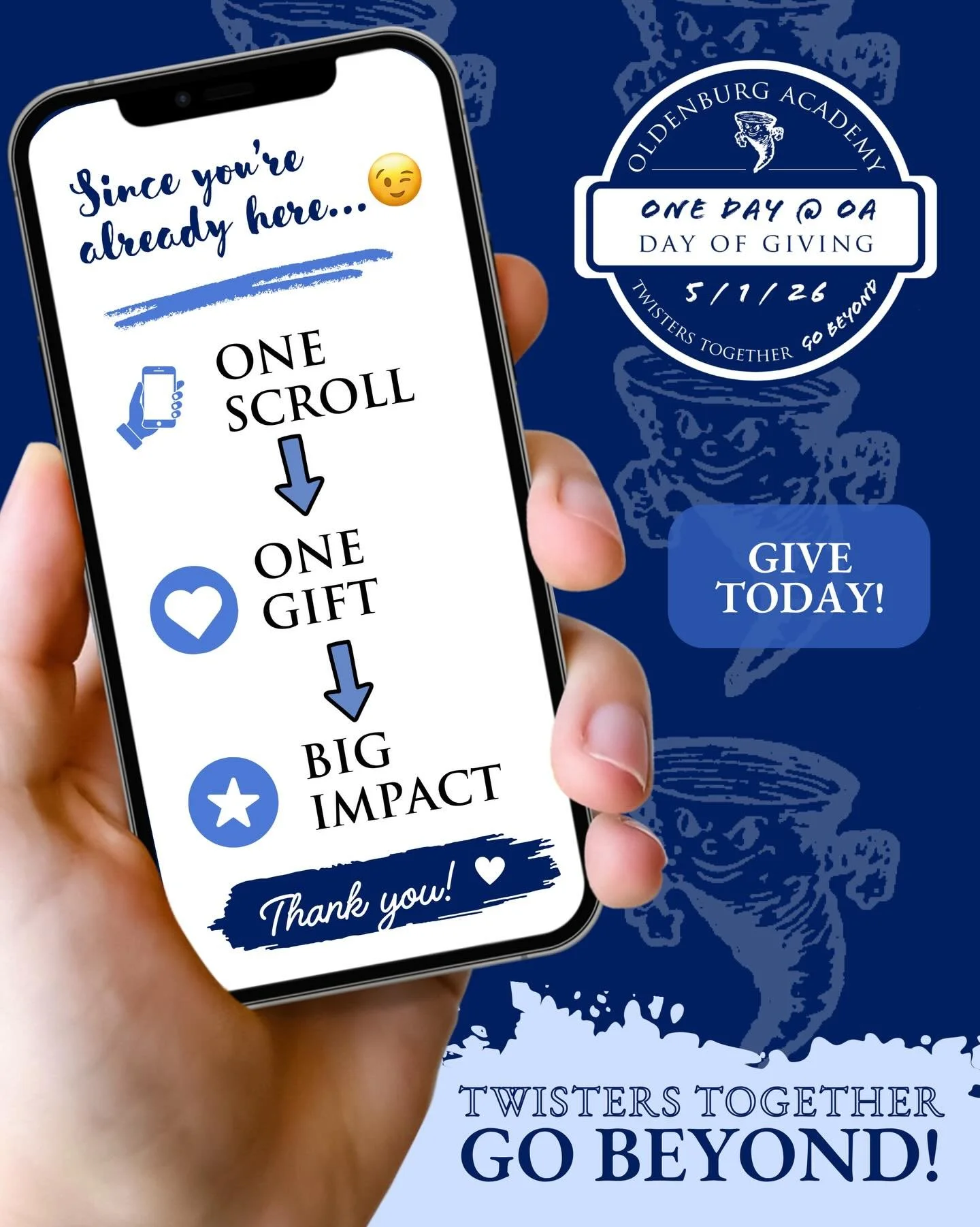 Lunch break = giving break! 💙

Take a minute to make a difference today.

Give now: www.oldenburgacademy.org/giving-events#oneday

#DayOfGiving #onedayatoa