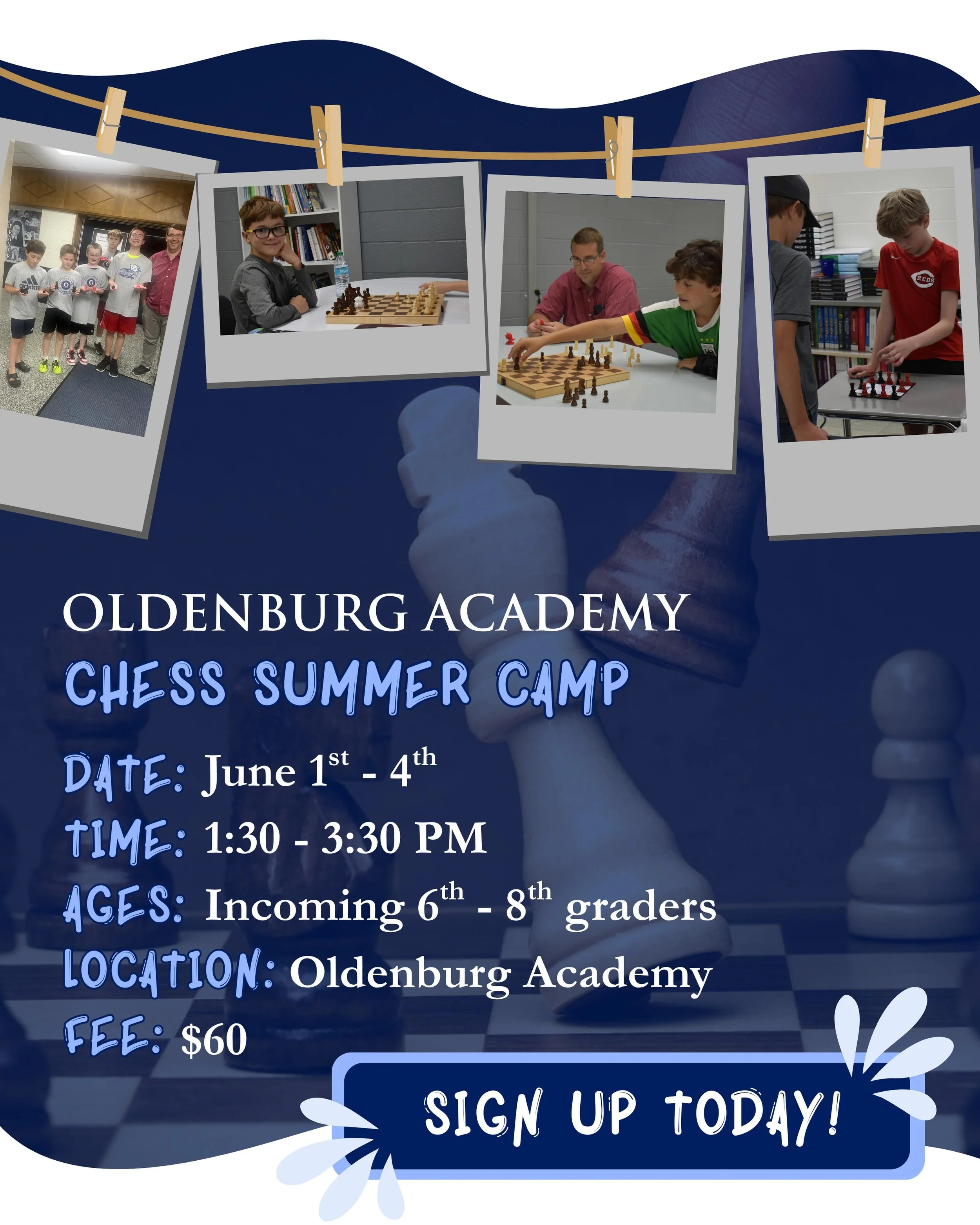 Looking for a summer camp that combines strategy, creativity, and fun? Join us for Oldenburg Academy&rsquo;s Summer Chess Camp this June!

Whether your child is brand new to chess or looking to sharpen their skills, campers will learn strategies, pra