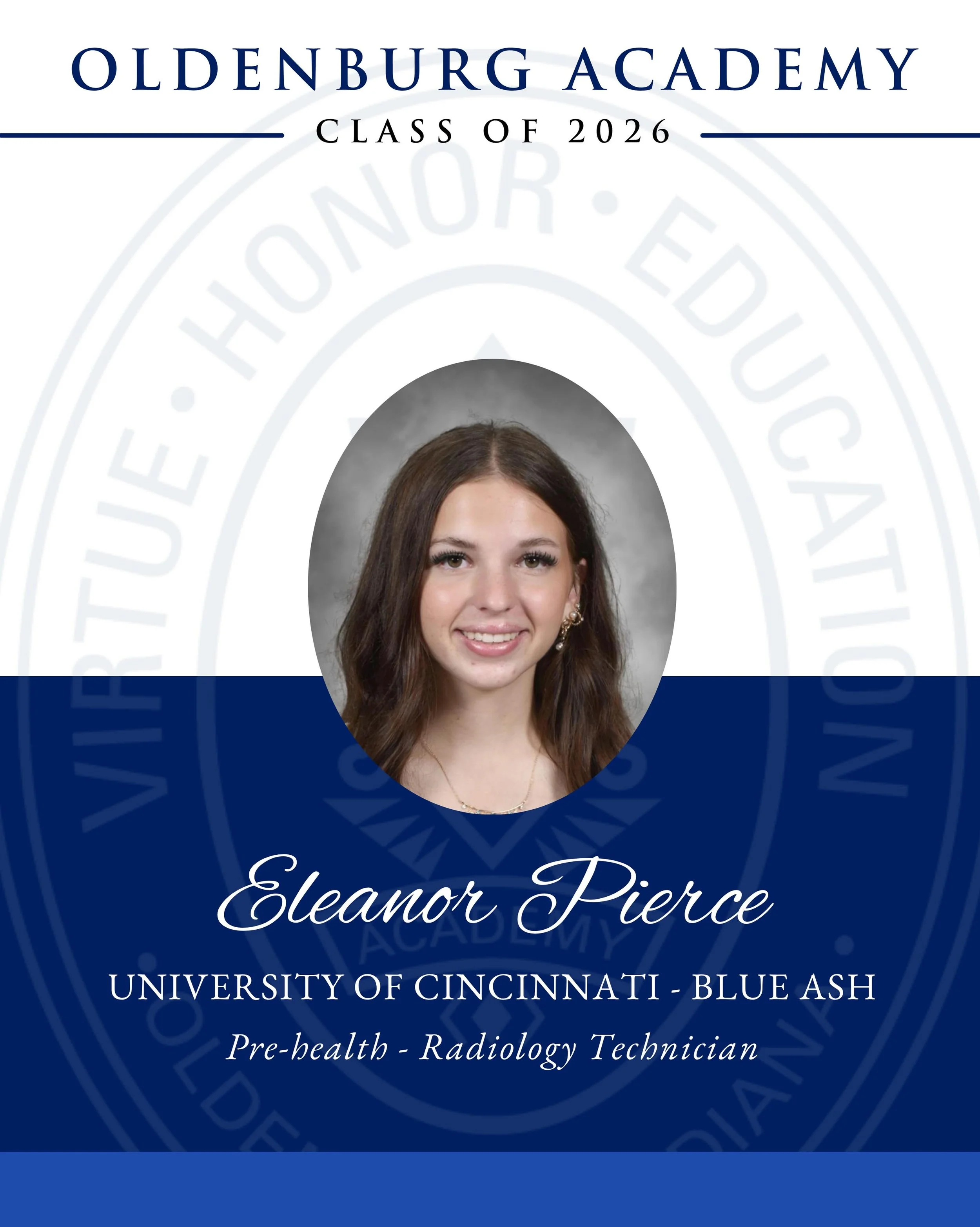 💙 🌪️ Celebrating the OA Class of 2026 ✨

Congratulations to Eleanor Pierce on this exciting next chapter! After graduation, she will be attending the University of Cincinnati-Blue Ash to study Pre-health with plans to become a Radiology Technician.