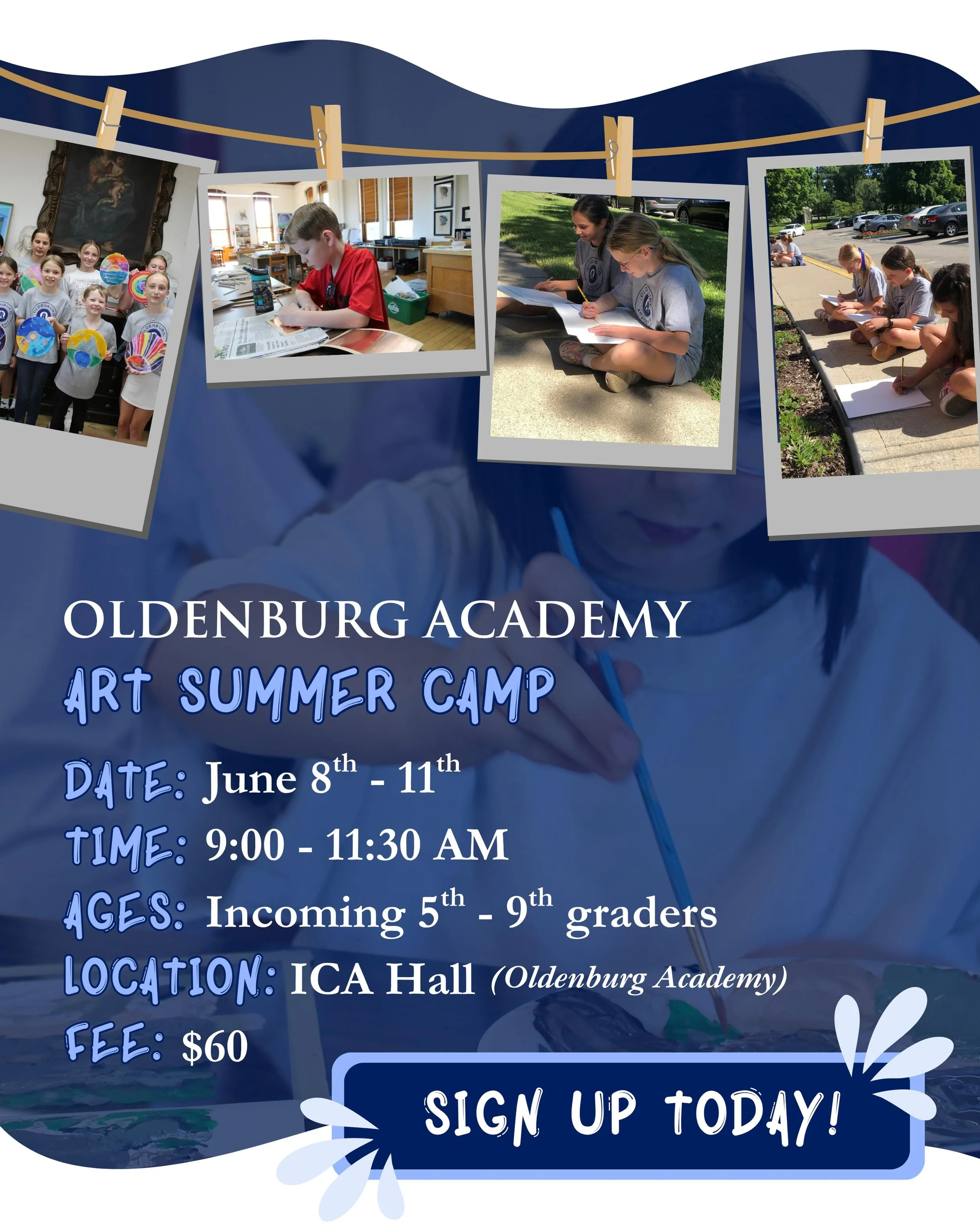 Looking for a creative and inspiring summer experience for your student? Join us for Oldenburg Academy&rsquo;s Summer Creative Arts Camp this June!

Campers will explore watercolor, tempera paint, printmaking, collage, and more during four hands-on d