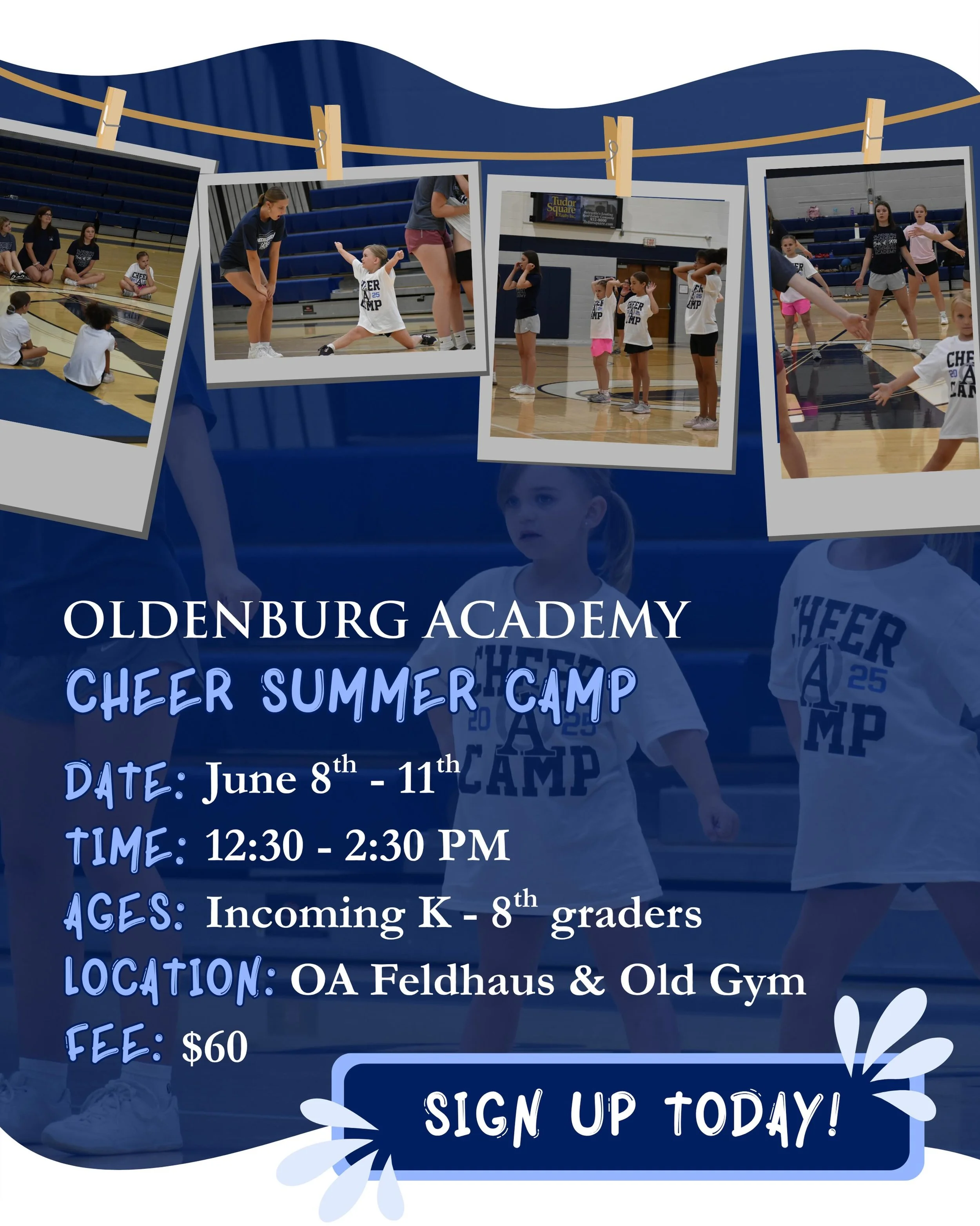 Looking for a fun and energetic summer activity for your child? Join us for Oldenburg Academy&rsquo;s Cheer Camp this June!

Campers will learn the fundamentals of cheerleading while spending time with the OA cheerleaders. Participants will learn new