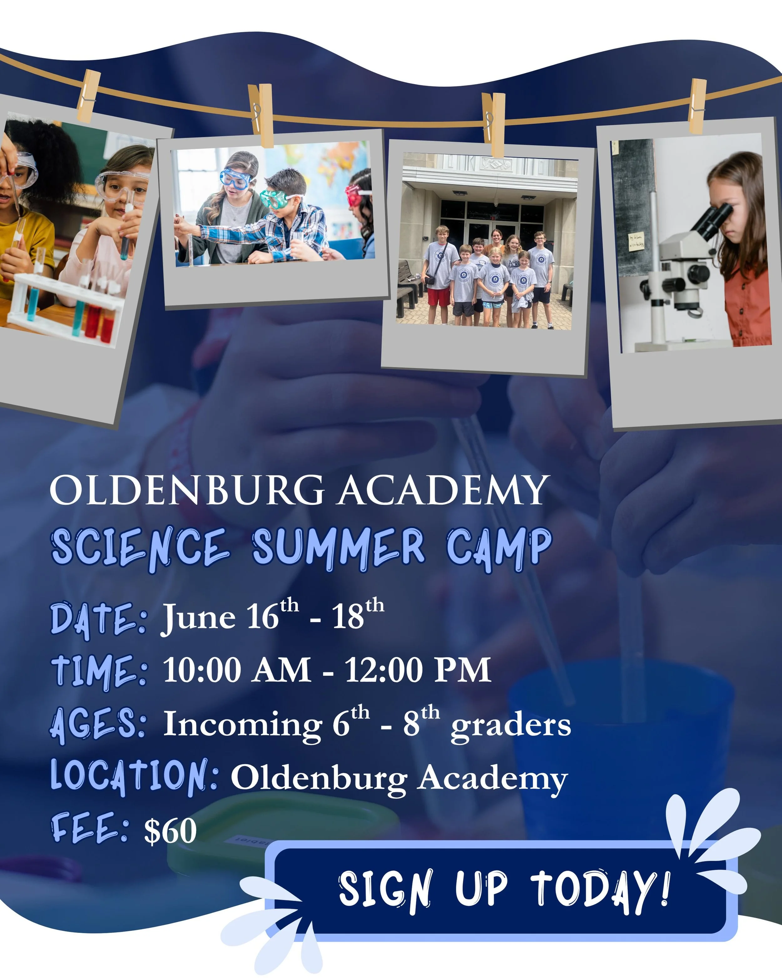 Looking for a fun and engaging summer experience for your middle schooler? Join us for Oldenburg Academy&rsquo;s
Science Camp this June!

Campers will build, design, and discover while taking on exciting STEM challenges in OA&rsquo;s Makers Space. Fr