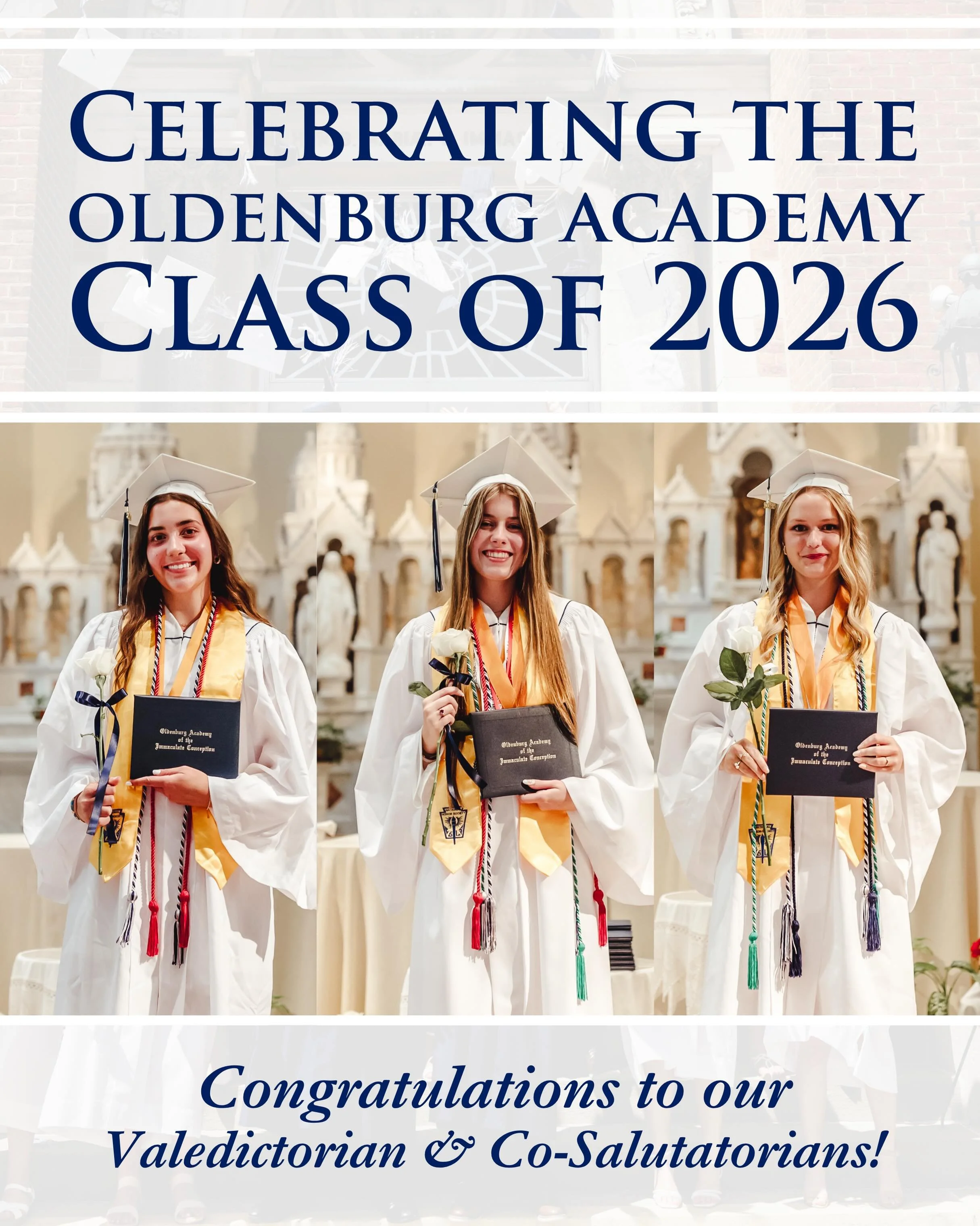 Congratulations to Oldenburg Academy&rsquo;s Class of 2026 Valedictorian, Ashley Hunter, and Co-Salutatorians, Eleanor Eaglin and Lillian Vanderpohl!

These three students have distinguished themselves through their exceptional academic achievement, 