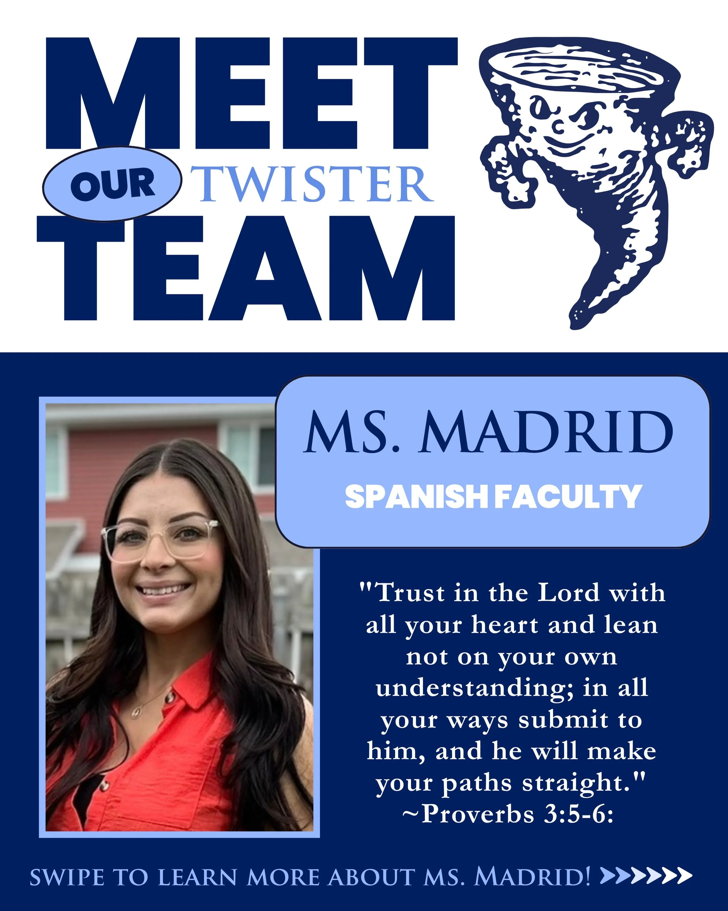 Meet our Twister Team: Ms. Madrid! 💙

We&rsquo;re excited to introduce another member of the OA family! Mrs. Madrid brings her enthusiasm, faith, and love of learning to Oldenburg Academy, and we&rsquo;re so excited to have her here.

She&rsquo;s lo
