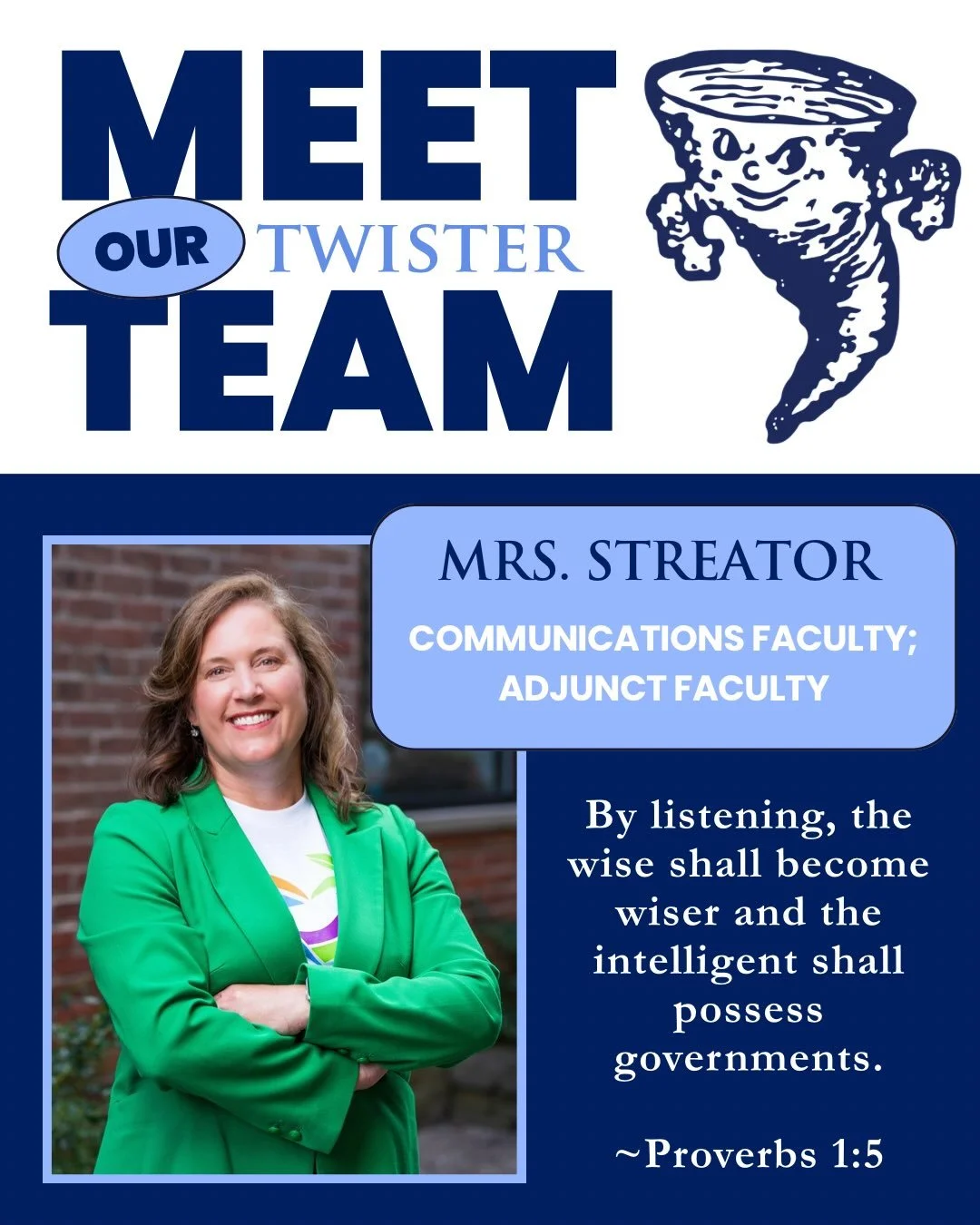 Meet our Twister Team: Mrs. Streator!

Mrs. Streator has been part of the Oldenburg Academy family for several years and we&rsquo;re happy to have her on our team. We are so excited to have her continue to share her talents with our students!

Swipe 