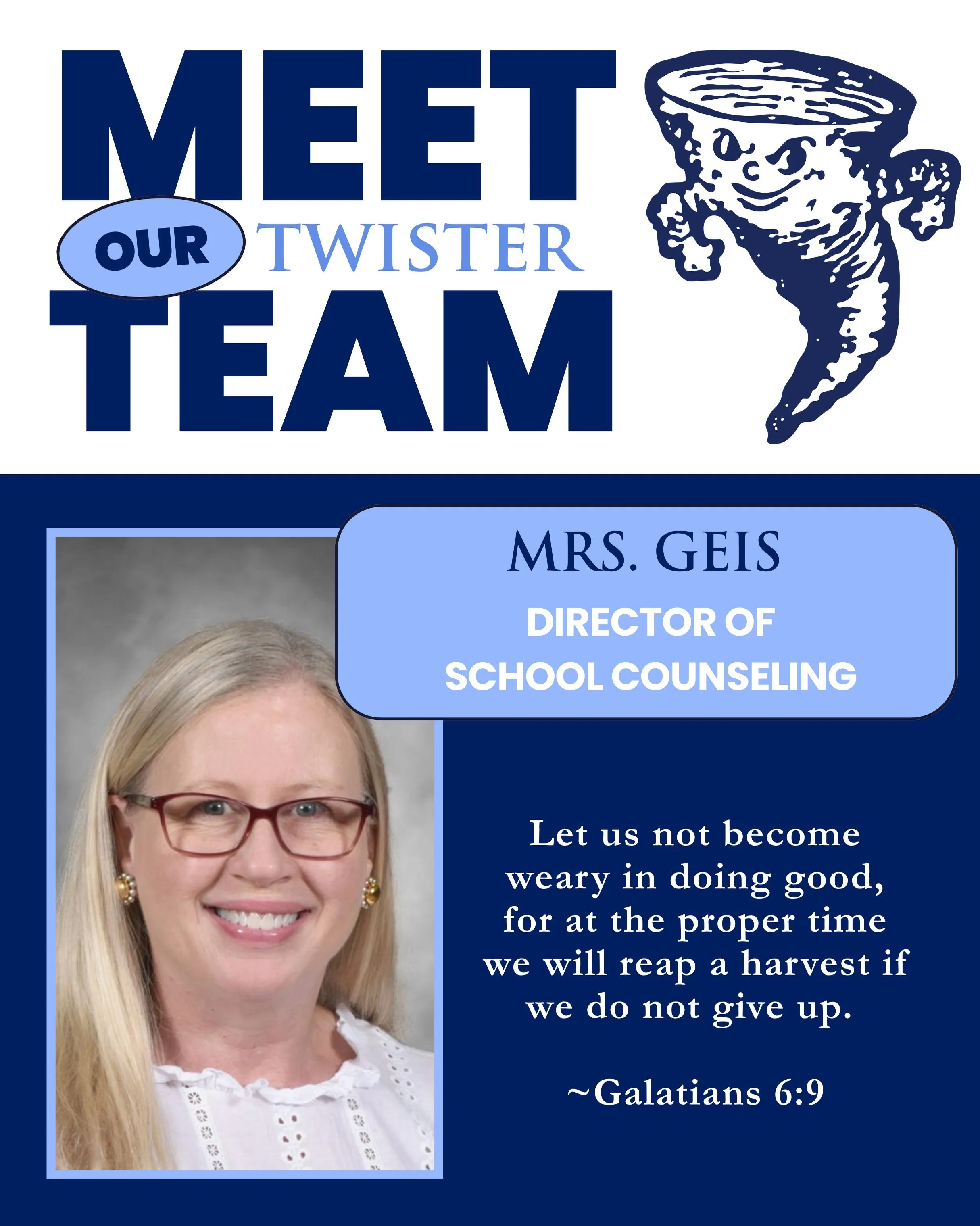 💙 Meet our Twister Team: Mrs. Geis!

We&rsquo;re excited to introduce Mrs. Geis, a familiar and valued part of the Oldenburg Academy family. As our Director of School Counseling, she plays an important role in supporting our students and helping the