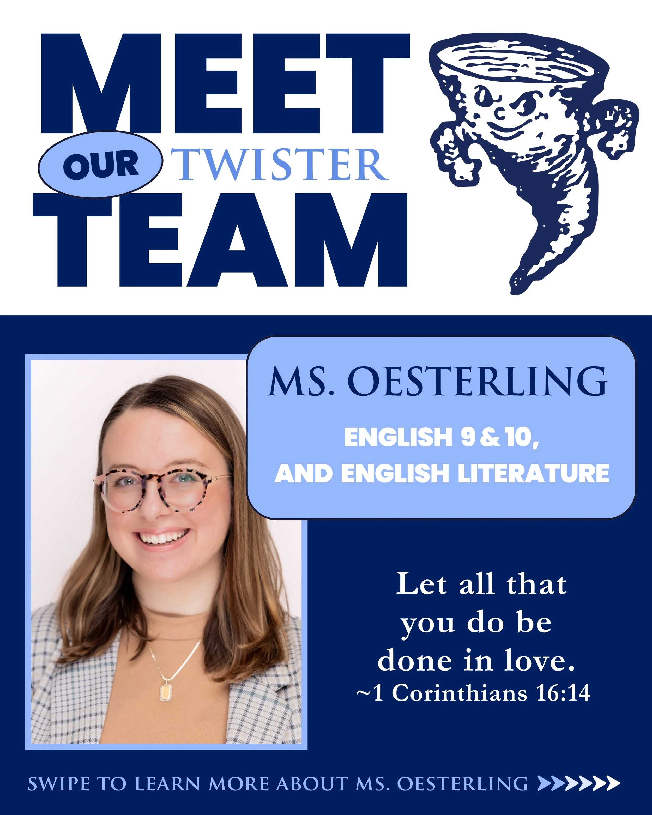 Meet our Twister Team: Ms. Oesterling!

We&rsquo;re excited to welcome back Ms. Oesterling, Class of 2016, to Oldenburg Academy! This year, she&rsquo;s returning to OA as a member of our faculty and will be teaching English and English Literature. 💙