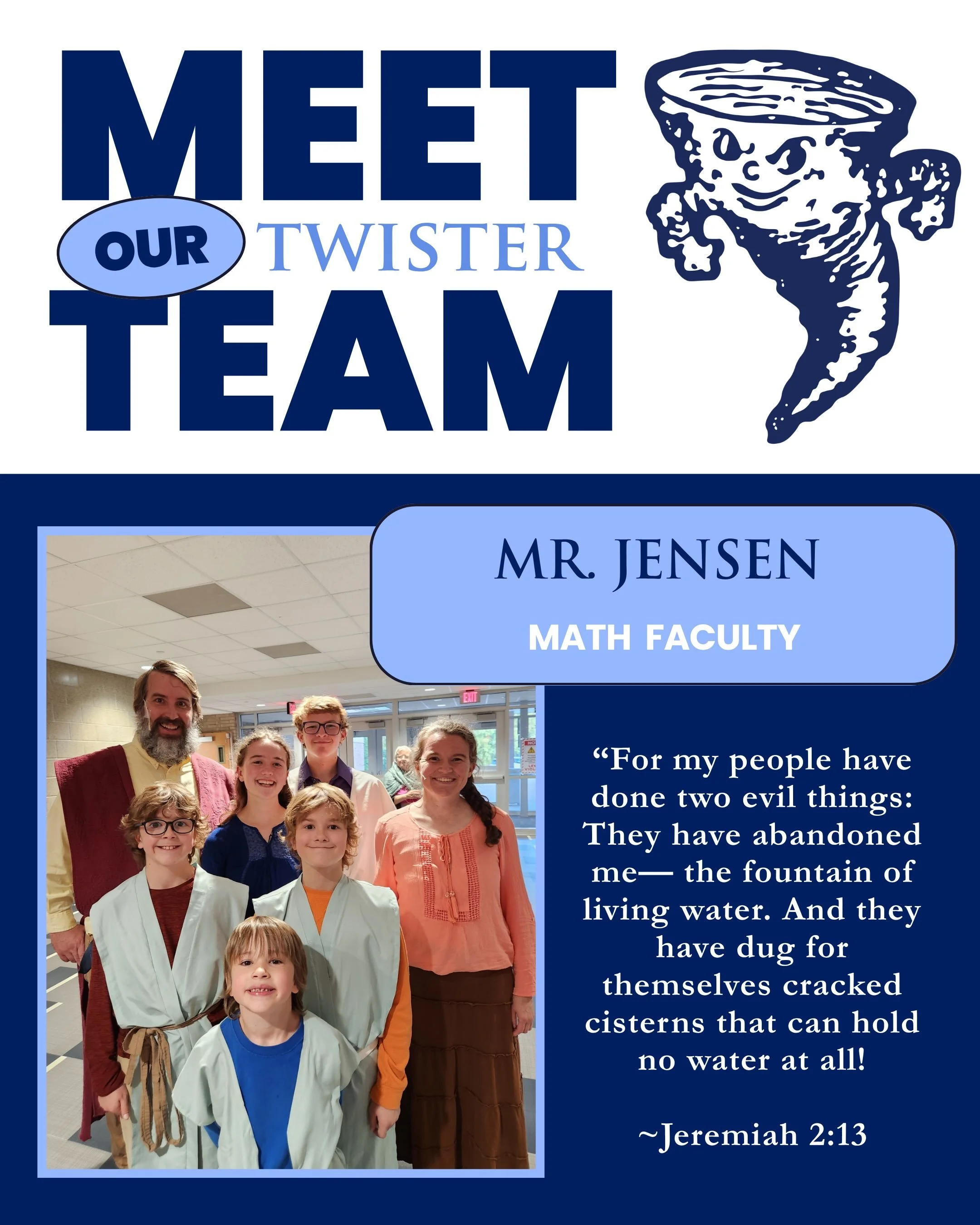 Meet our Twister Team: Mr. Jensen! 💙

We&rsquo;re happy to have Mr. Jensen back for another year at OA! As we head into a new school year, he&rsquo;s especially excited to see Mission Mondays continue to grow and give our students even more opportun