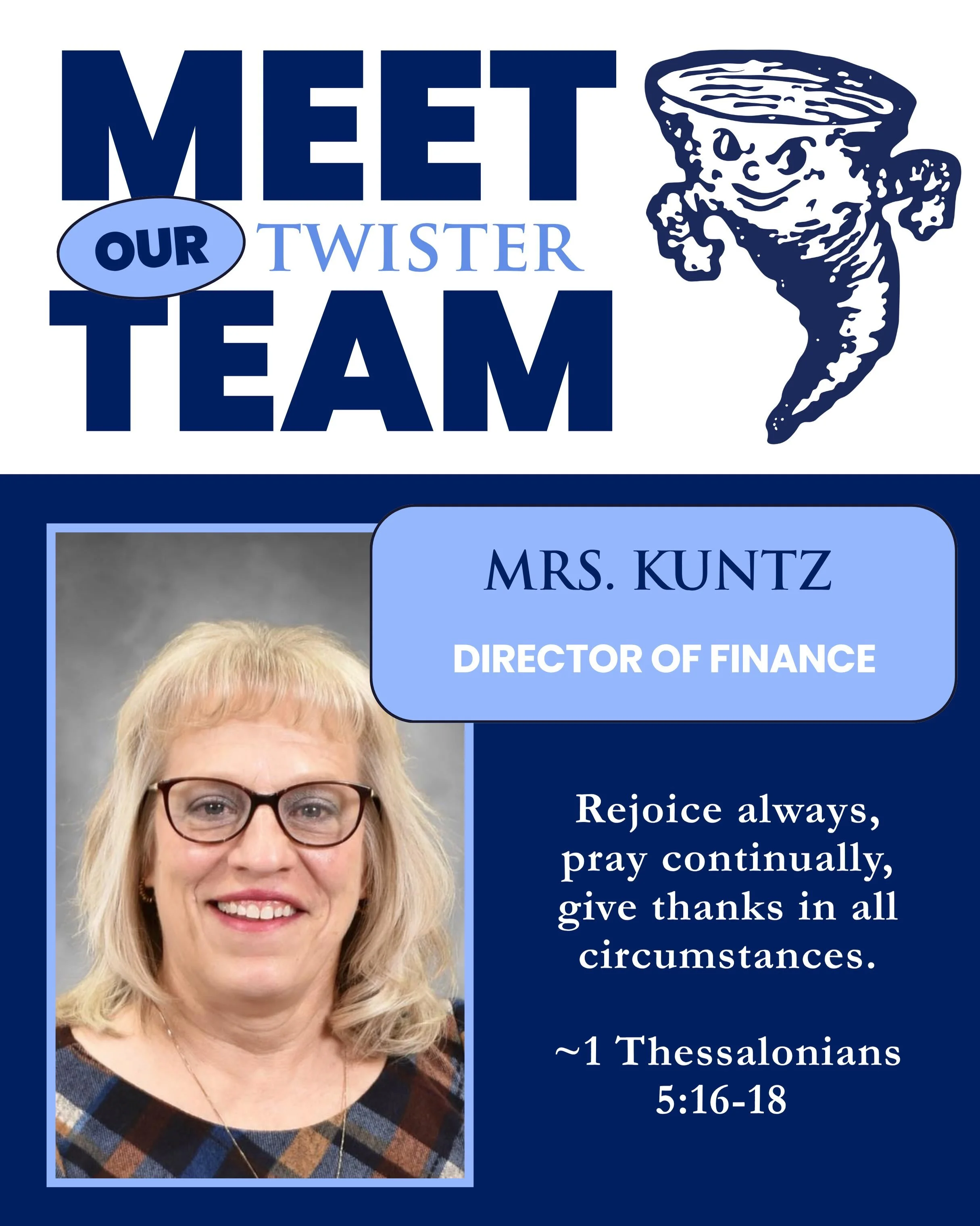 Meet our Twister Team: Mrs. Kuntz!

We&rsquo;re excited to introduce a familiar face at OA! Mrs. Kuntz has been part of the Oldenburg Academy community for many years and brings so much experience and care to her work.

With her longtime connection t