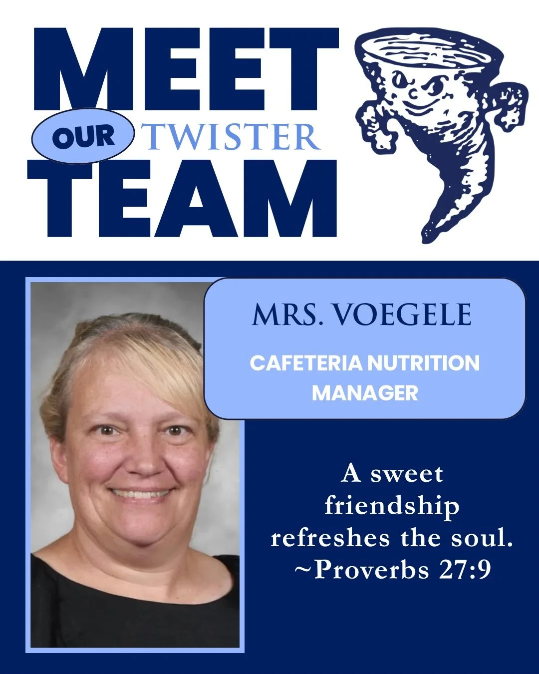 Meet our Twister Team: Mrs. Voegele!

We&rsquo;re happy to have Mrs. Voegele as part of the Twister Team! She&rsquo;s been a familiar face around OA for many years and is someone our students and staff know and appreciate.

For many of our students, 