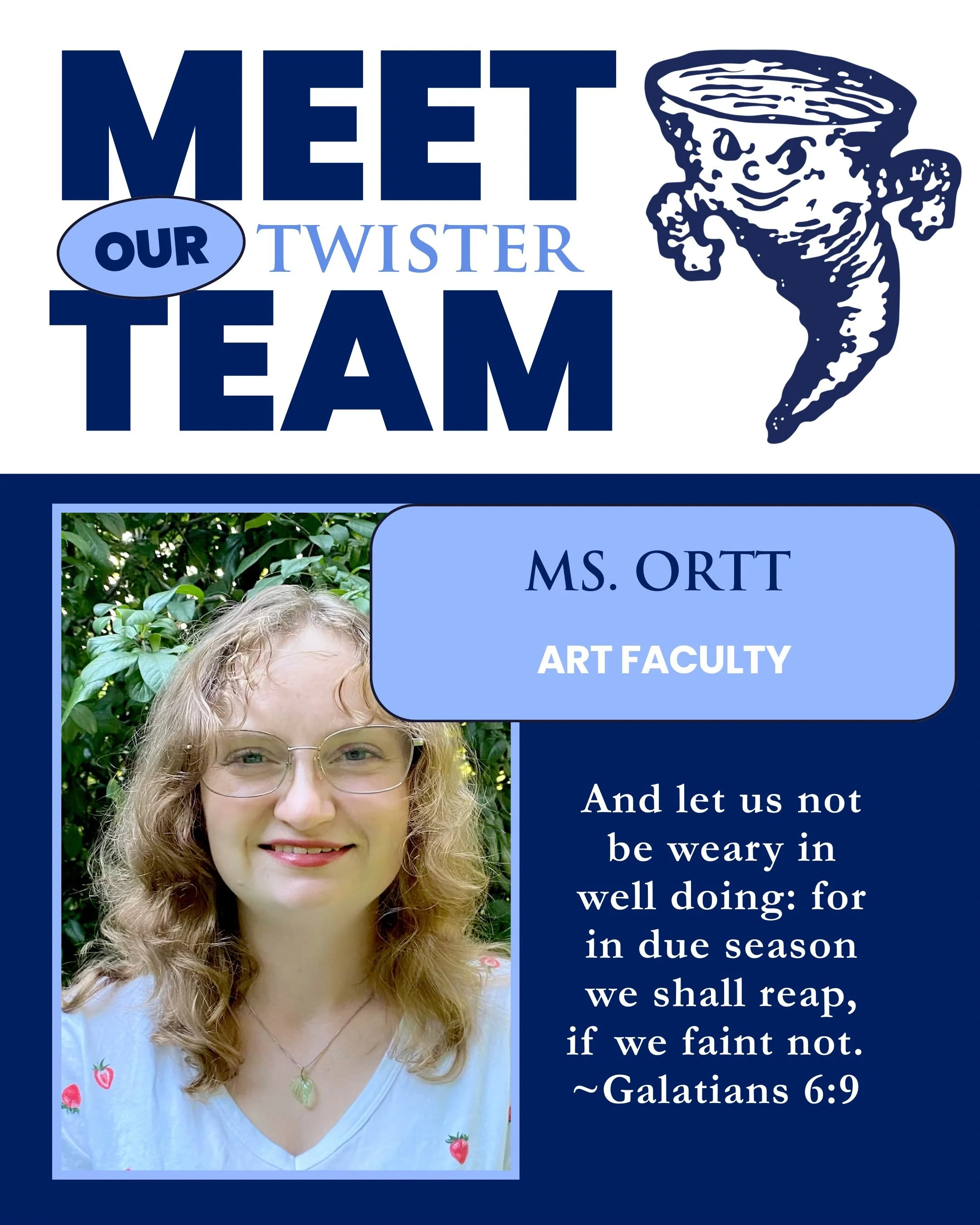 Meet our Twister Team: Ms. Ortt!

We&rsquo;re excited to welcome Ms. Ortt to Oldenburg Academy for her first year on the Twister Team! As our new art teacher, she&rsquo;ll be bringing creativity, encouragement, and plenty of opportunities for our stu