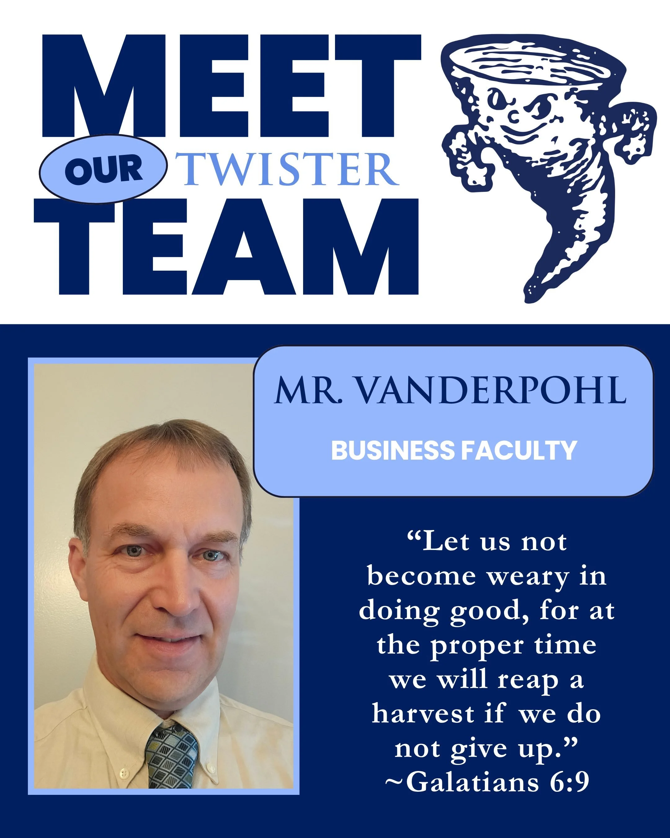 Meet our Twister Team: Mr. Vanderpohl! 💙

Continuing the series&mdash;we are so excited to welcome Mr. Vanderpohl to the OA family! He&rsquo;s ready to jump into the school year, connect with students, and bring plenty of conversation and curiosity 