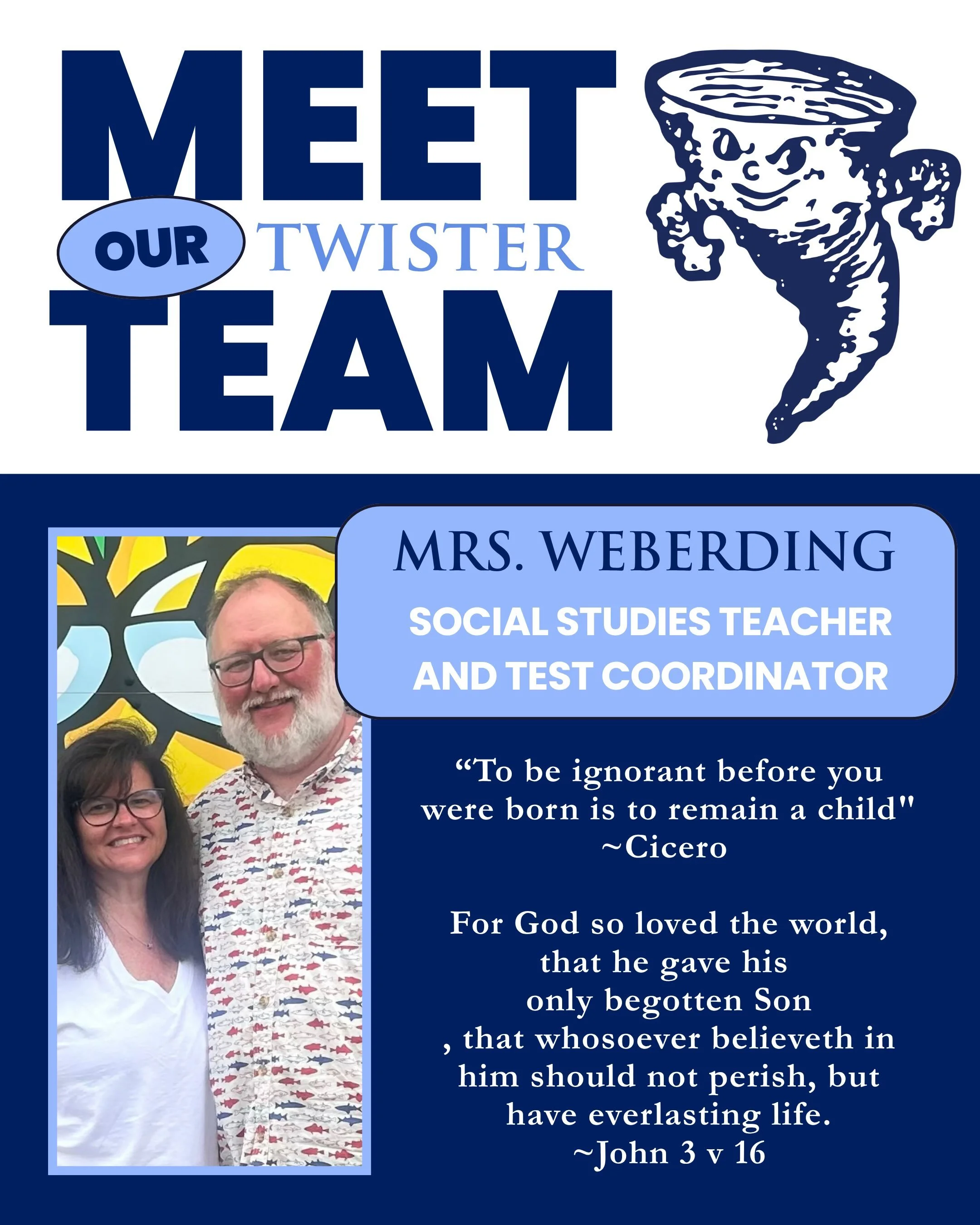 Meet our Twister Team: Mrs. Weberding! 💙

We&rsquo;re continuing our Meet the Twister Team series with Mrs. Weberding! With nearly 31 years at OA, she&rsquo;s a familiar face who has been part of countless student memories and milestones. Her dedica