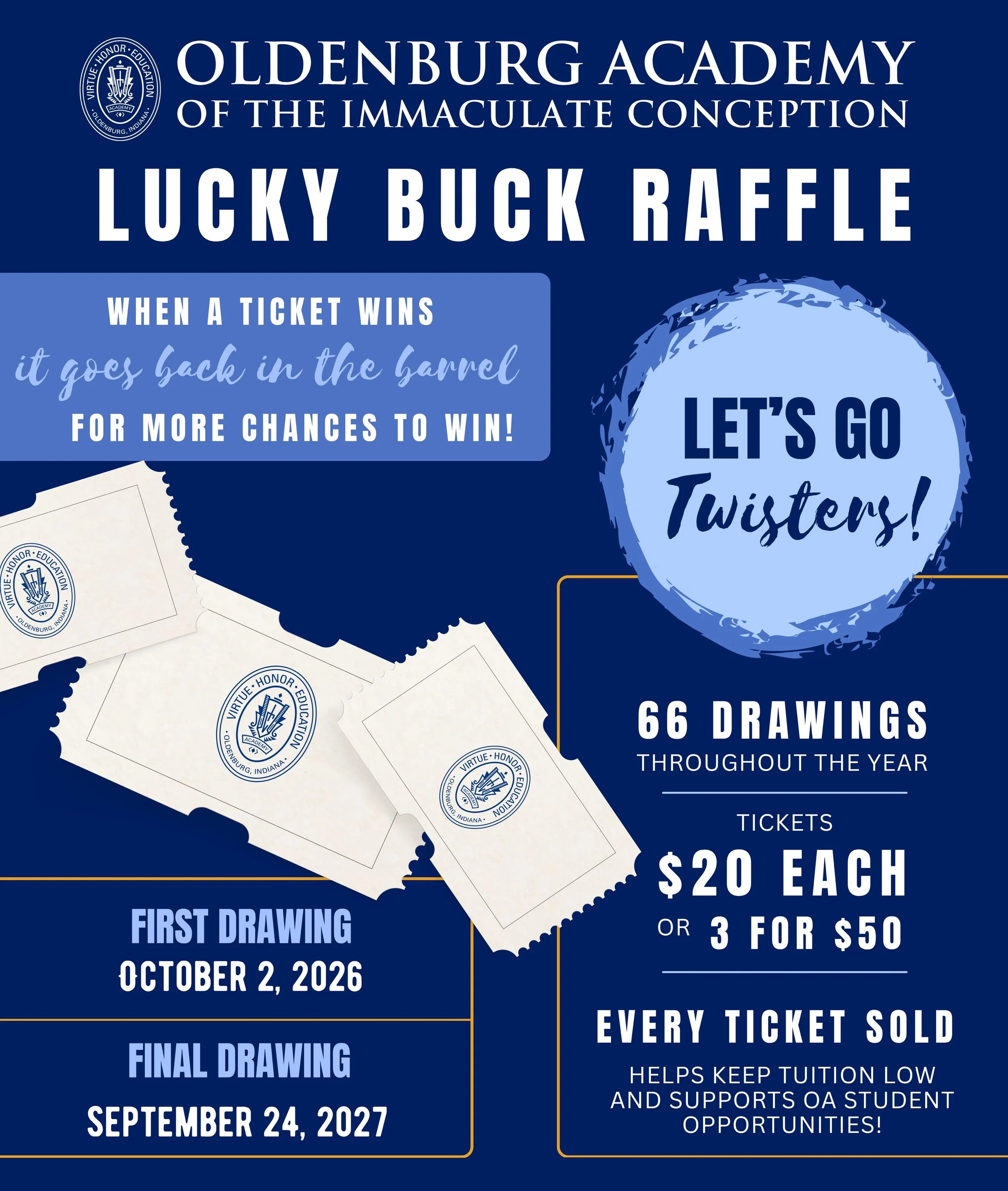 The first drawing for the 2026-27 Lucky Buck Raffle is this Friday, October 2nd! Don&rsquo;t miss your chance &ndash; grab your tickets now for 66 chances to win all year long.

Tickets: $20 each or 3 for $50

Each winning ticket goes back into the b