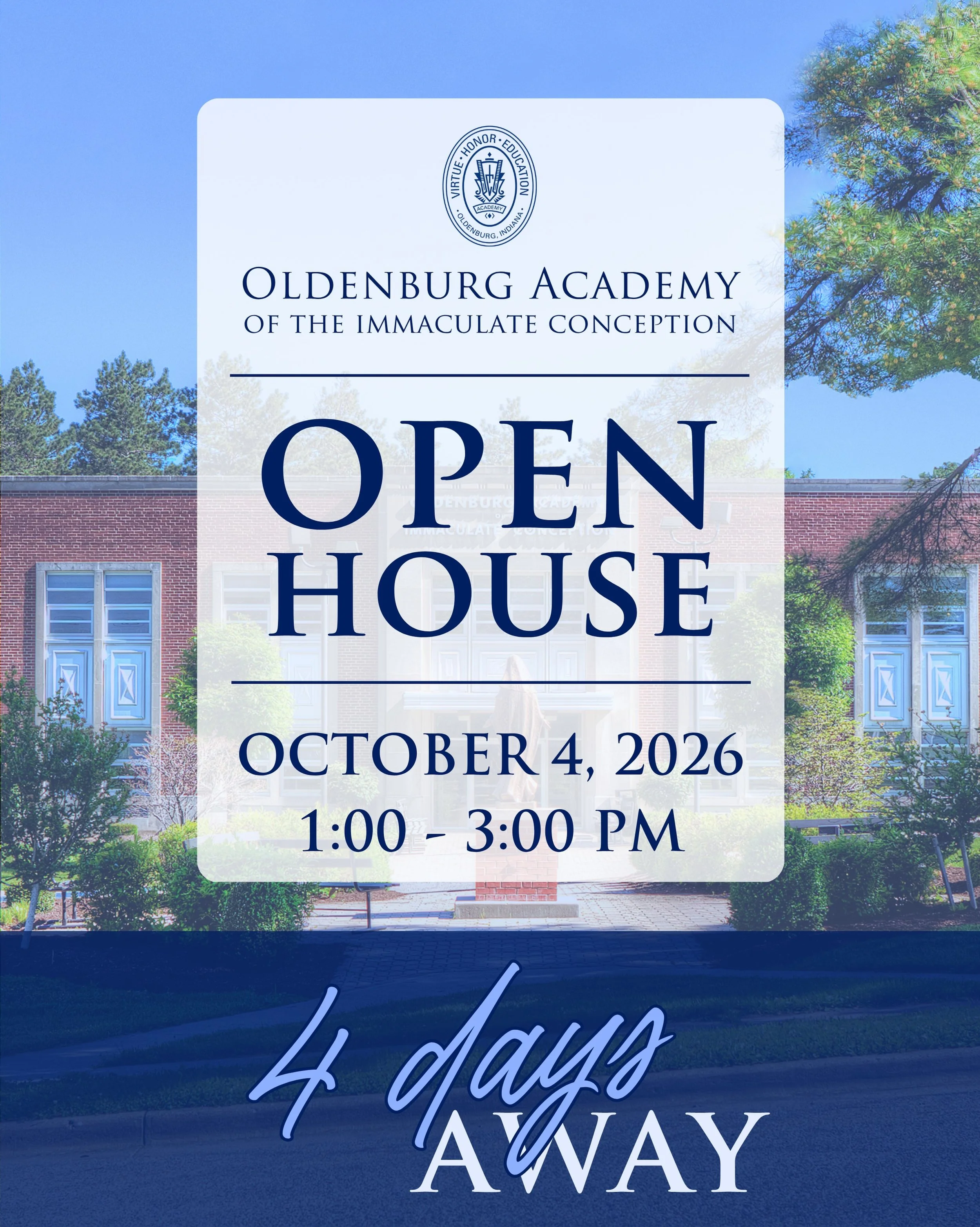 4 days until Open House!

We&rsquo;re getting closer! This Sunday, October 4, from 1&ndash;3 p.m., come experience Oldenburg Academy for yourself.

Tour our historic campus with a current OA student, meet our teachers and administrators, and learn mo