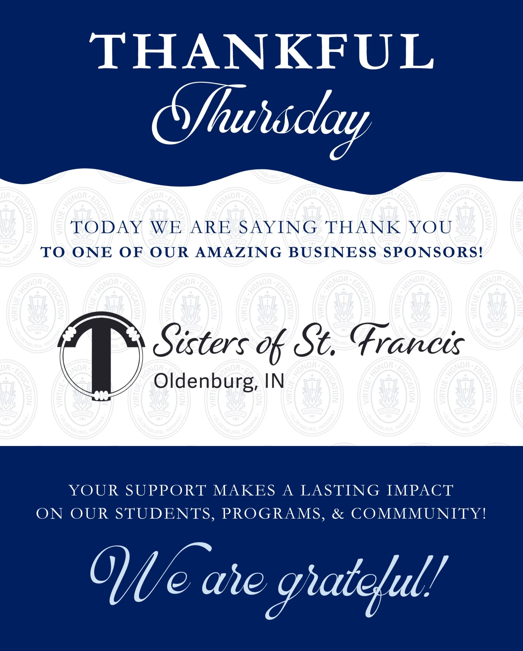 💙 Thankful Thursday 💙

Today, we&rsquo;re especially grateful for the Sisters of Saint Francis, one of our Franciscan sponsors, whose faith and dedication to education helped shape the school we all know and love today.

As Oldenburg Academy prepar