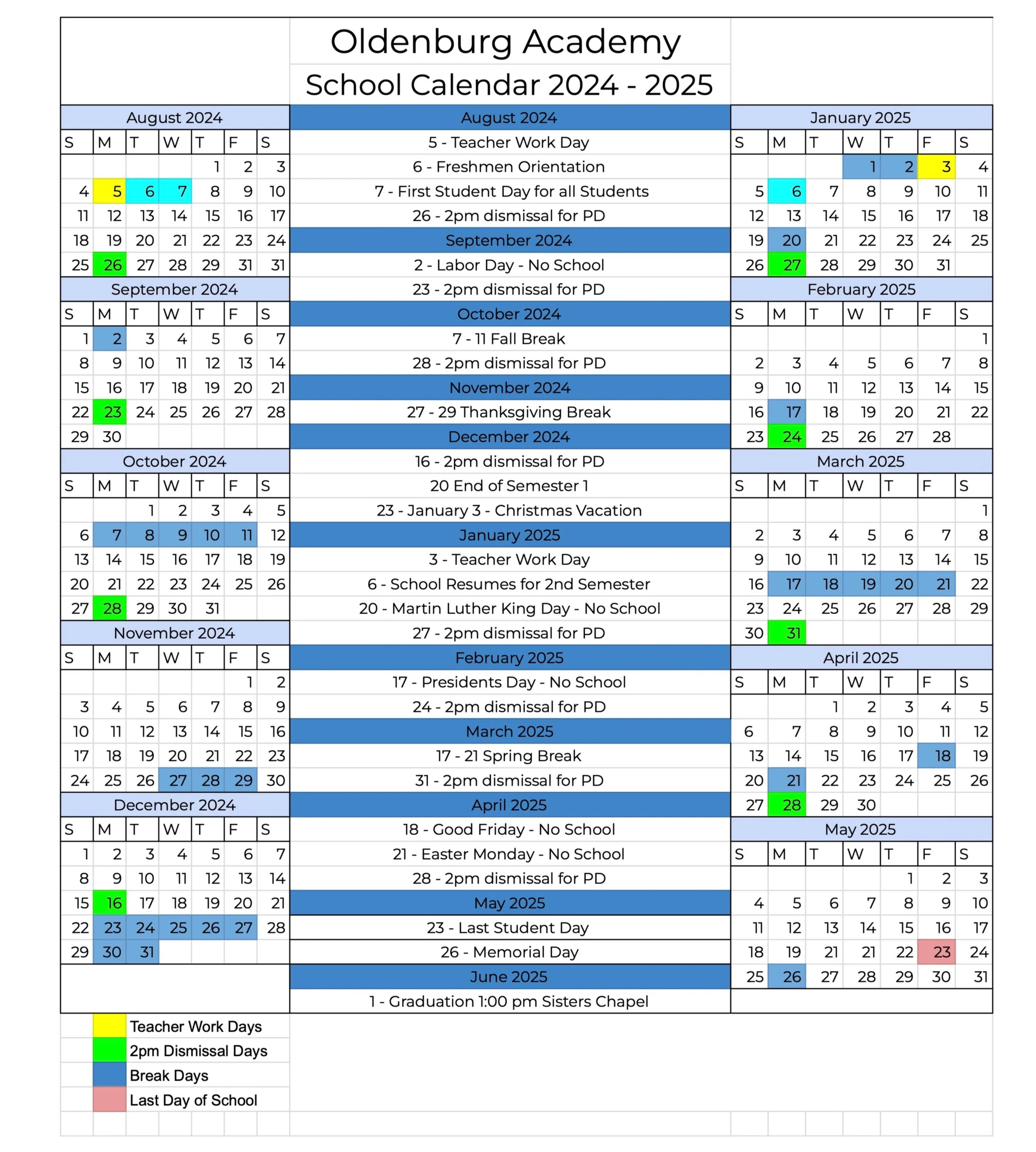 School Calendar — Oldenburg Academy