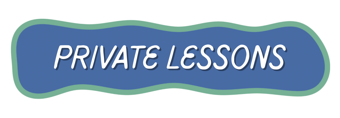 Graphic with blue background and green border that reads 'Private Lessons' in white and navy blue text.
