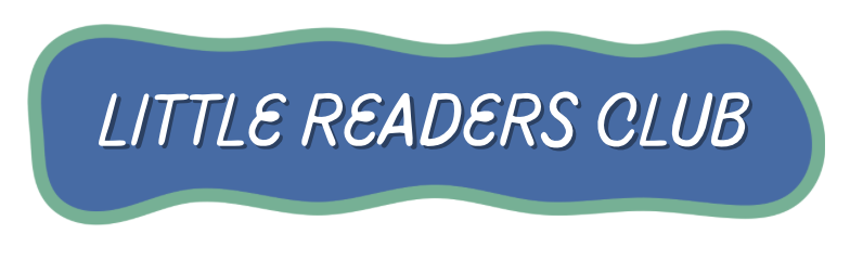 Logo for Little Readers Club with a blue and green wavy background and white text