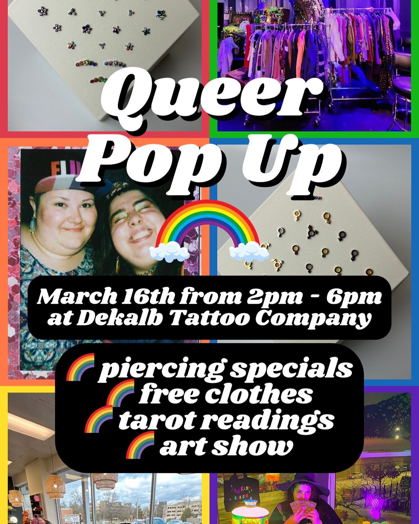 🌈You coming out today?🌈

Please come visit me, @outoftheclosetcharity &amp; all my besties at @dekalbtattoocompany today for this dreamy queer pop up!! 🩷🧡💛💚🩵💜

Come get a tarot reading from me, free gender euphoric clothes, piercings with 15%
