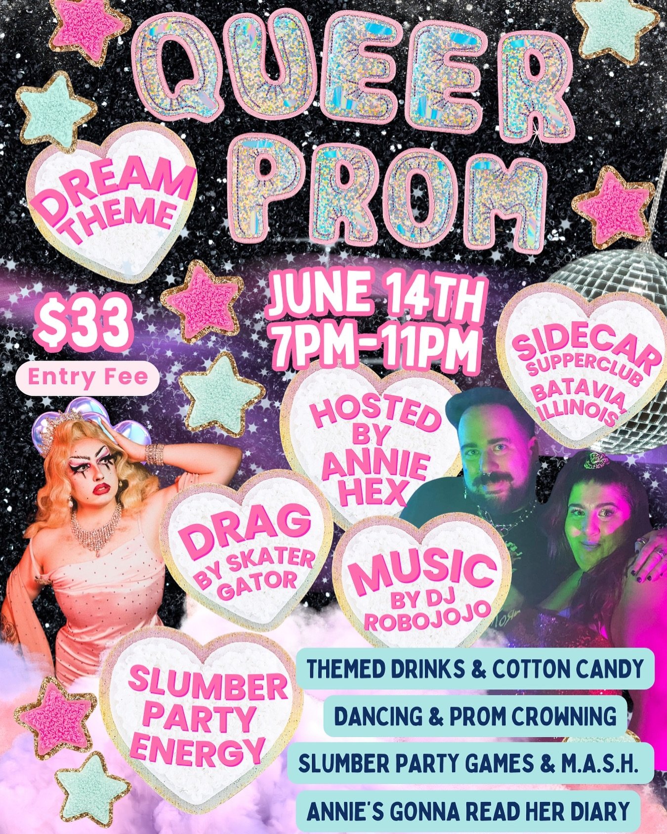 📣 queer prom ticket drop 📣

What: QUEER PROM 🌈🪩
Theme: Dreams / Slumber Party 💭🌛🔮
When: June 14th 7pm - 11pm
Where: Outside in the beer garden at @sidecarsupperclub 🍻💖
Who: For LGBTQIA+ adults 21+

Hosted by @annie.hex 💖🌈🌹
Music by @jerbe