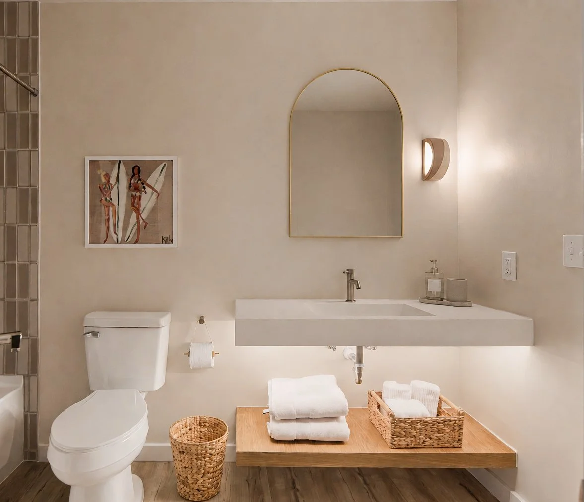 Modern bathroom with a white toilet, a floating vanity with a mirror and wall sconce, baskets with towels, and a framed art piece on the wall.