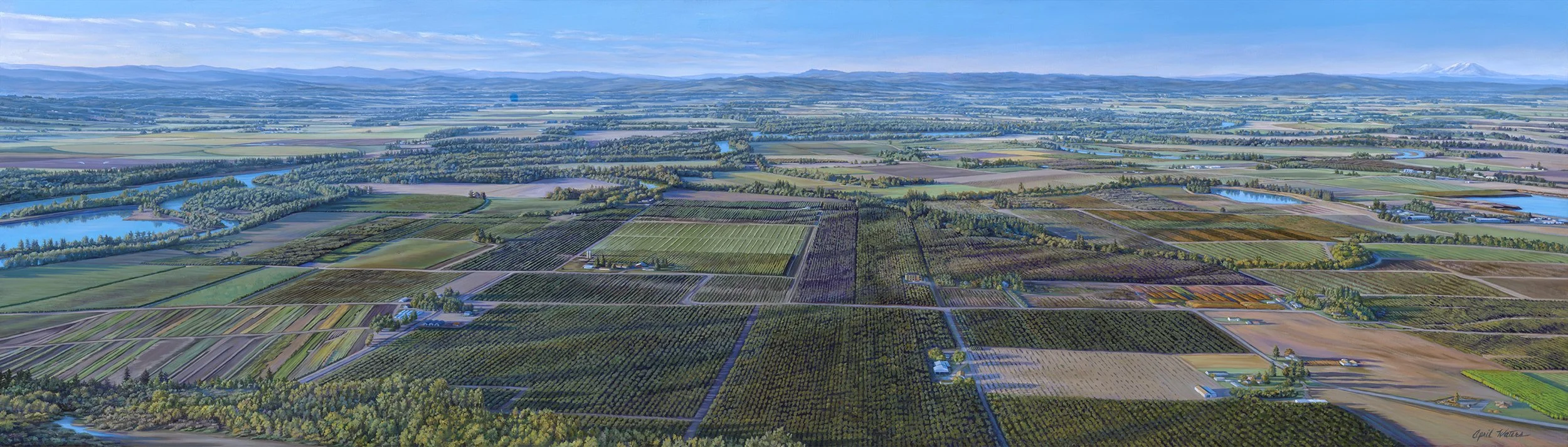 Willamette River Valley, Chapin Farms,
Oil on canvas, 28 by 98 inches, 2025, Private collection.